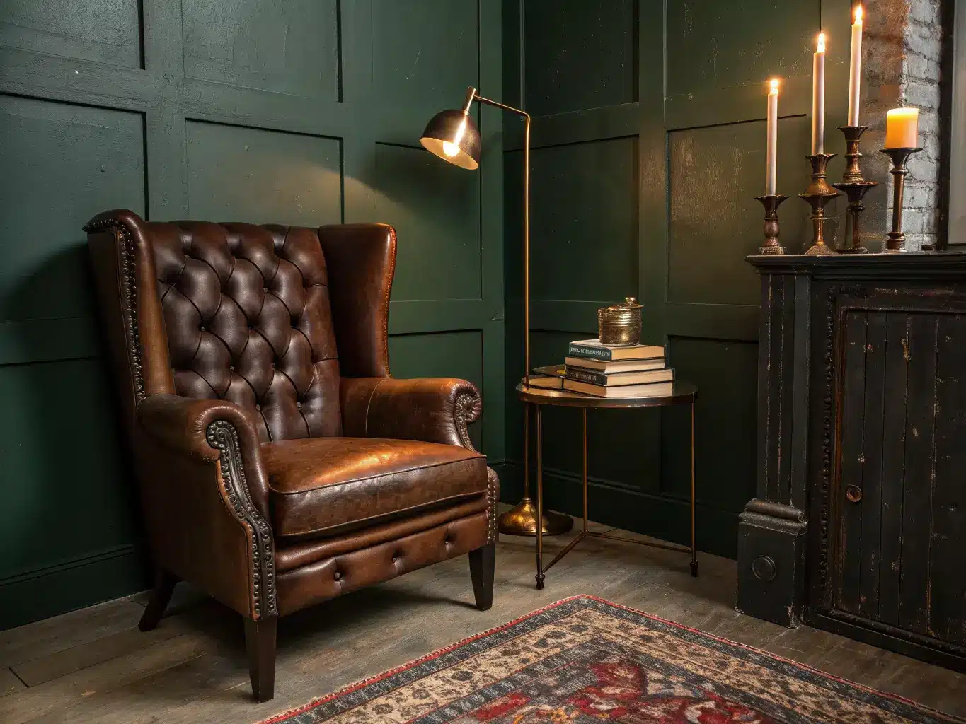 Low-angle view of a dark academia loft reading nook with charcoal-green walls, leather club chair, brass sconce and candlesticks, leather-bound books, and a burgundy Persian rug in moody warm light.