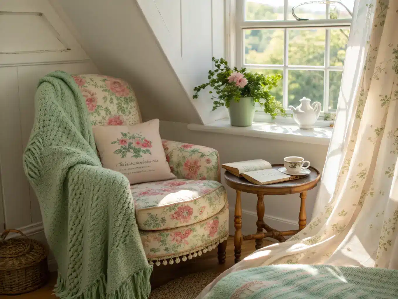 Cottagecore reading nook in a sunlit dormer window with a faded floral slipper chair, cream side table with teacup, trailing plant, and crocheted throw in soft pastel light.