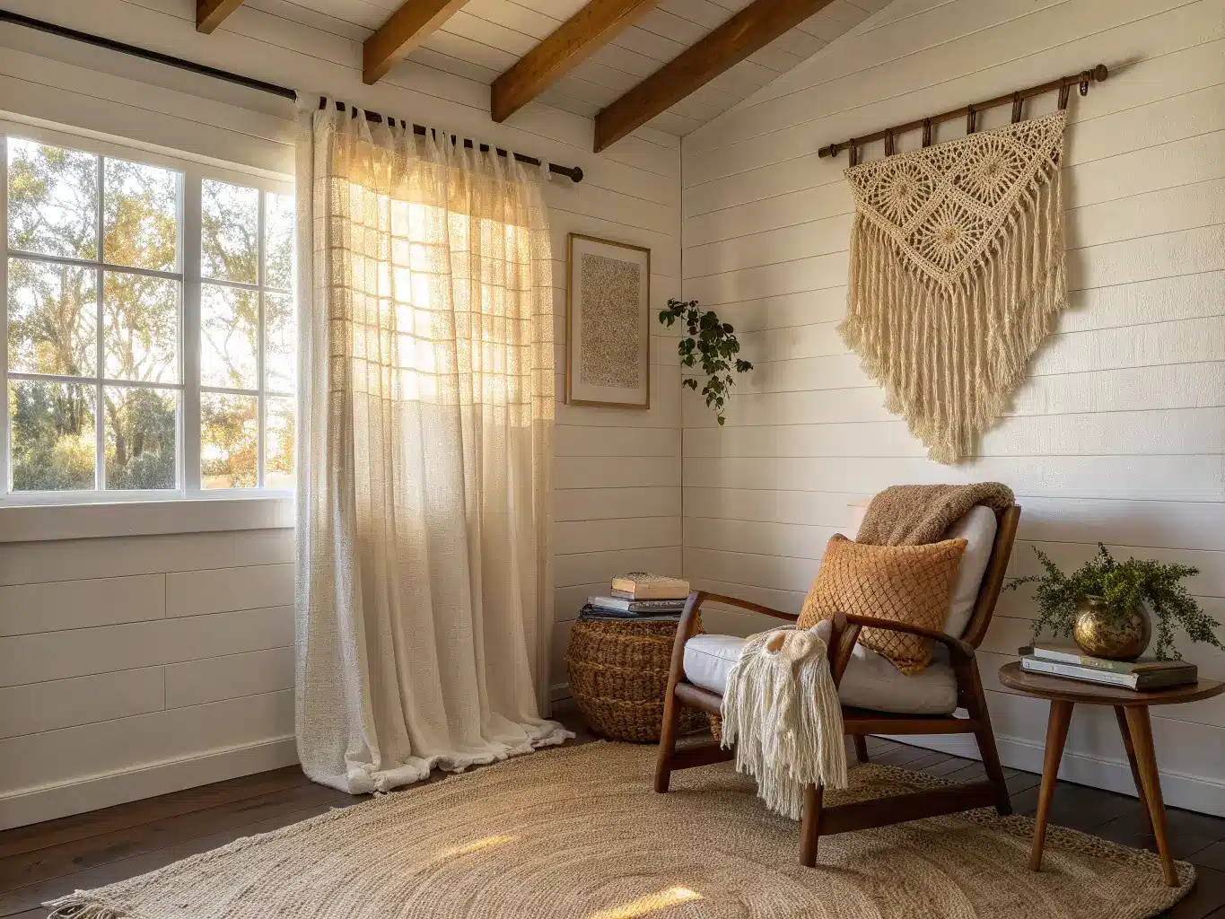 Cane-backed armchair in a shiplap alcove with jute rug, cream sheepskin throw, macramé wall hanging, book stack and eucalyptus vase, and a brass arc lamp in warm golden-hour light.