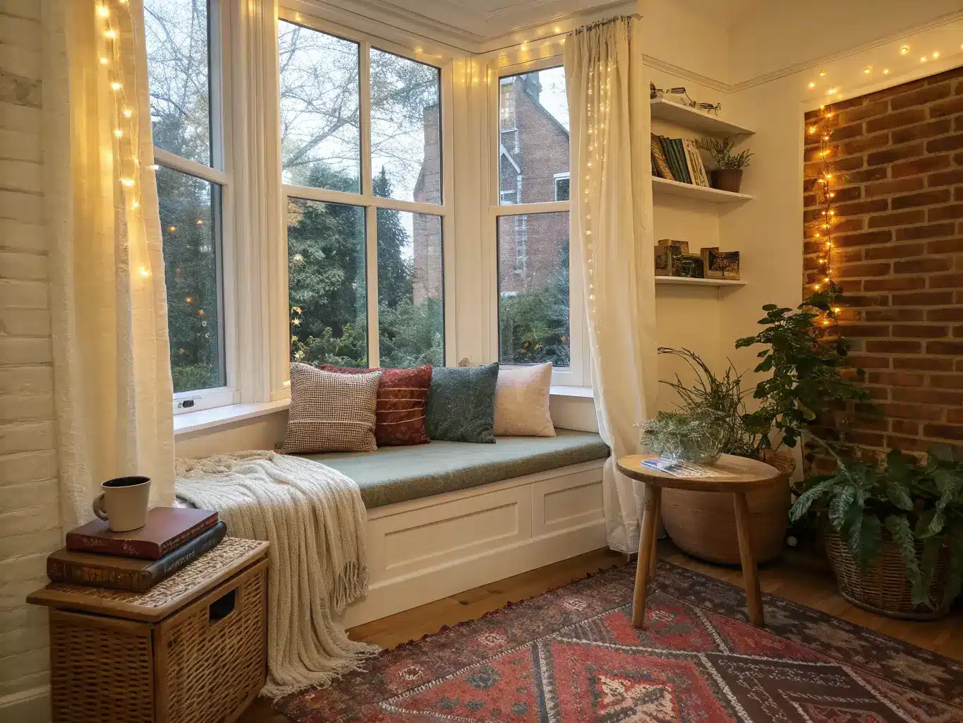 Cozy bay-window reading nook with gauzy curtains, warm string lights, rust and sage floor cushions on a kilim rug, and a wooden crate side table with a mug and fern.