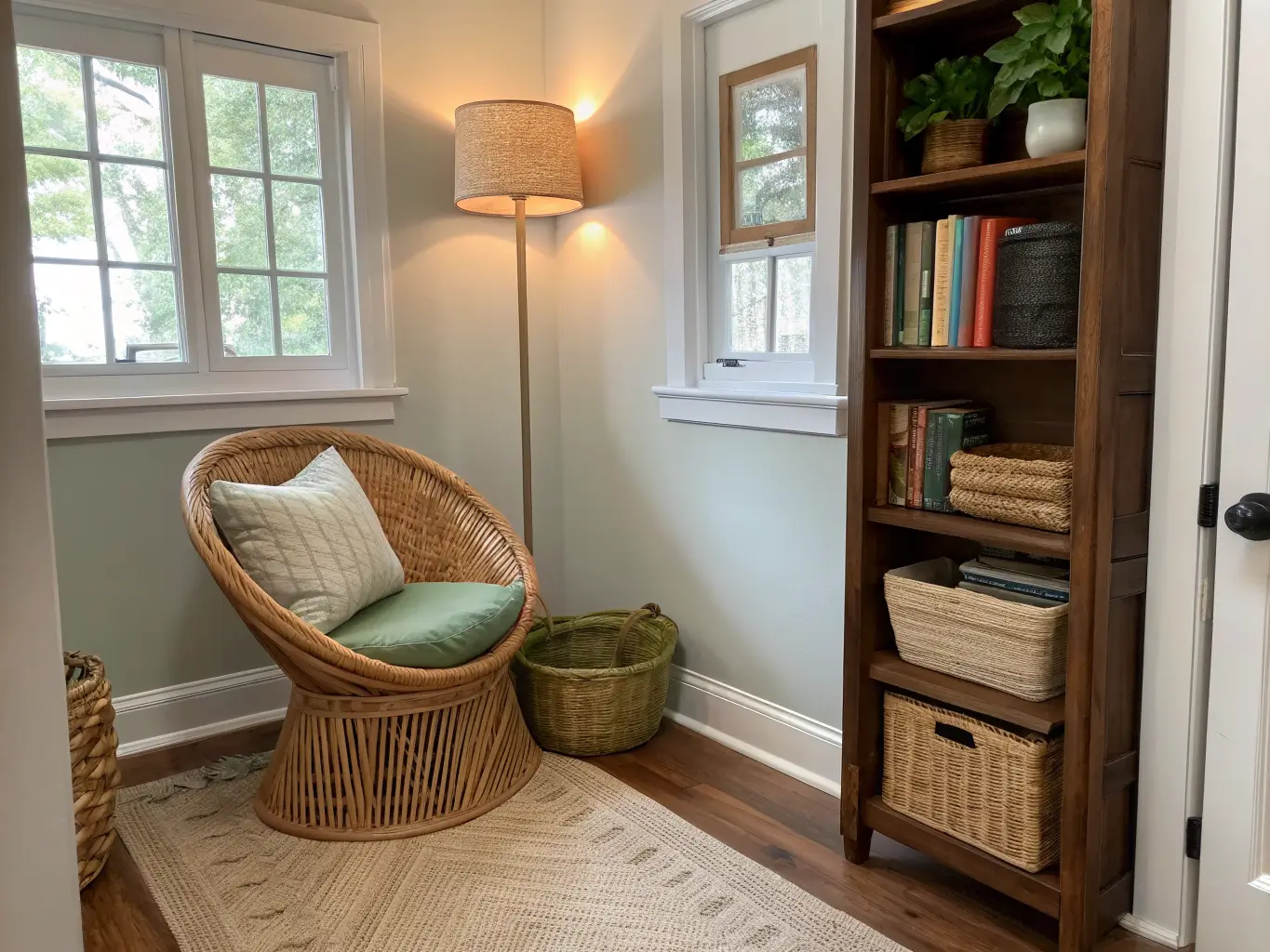 Compact hallway reading nook with rattan papasan chair, narrow oak bookshelf, jute rug with sage cushion and rust throw, woven wall baskets, trailing pothos, and warm lamp by a frosted window.