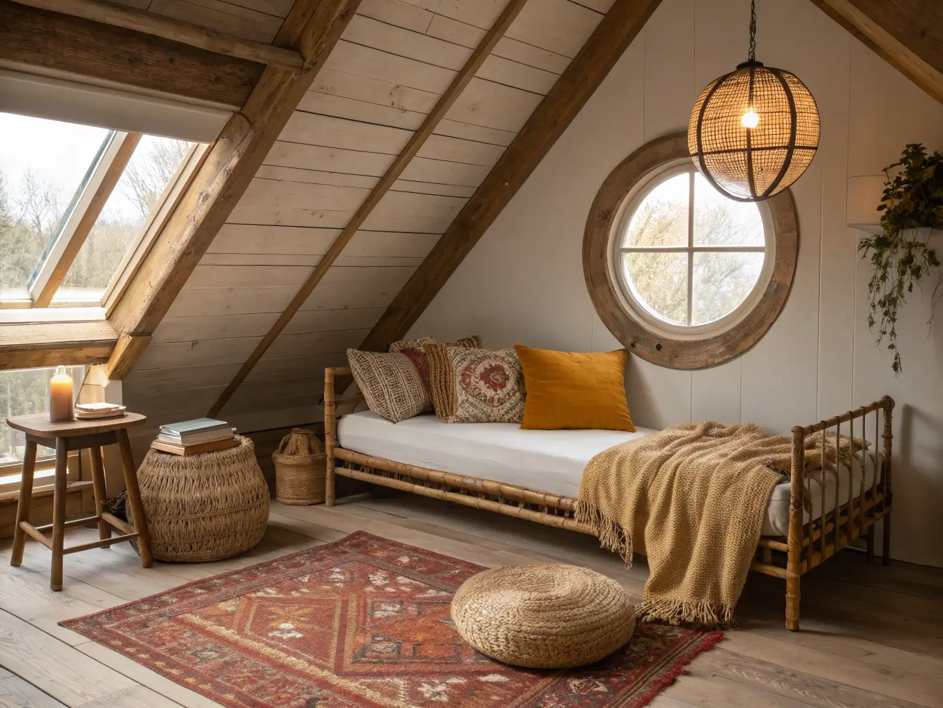 Cozy attic nook with slanted wooden beams, round dormer window, rattan daybed on a Turkish runner rug, layered pillows and knit throw, and a candle-lit stool.
