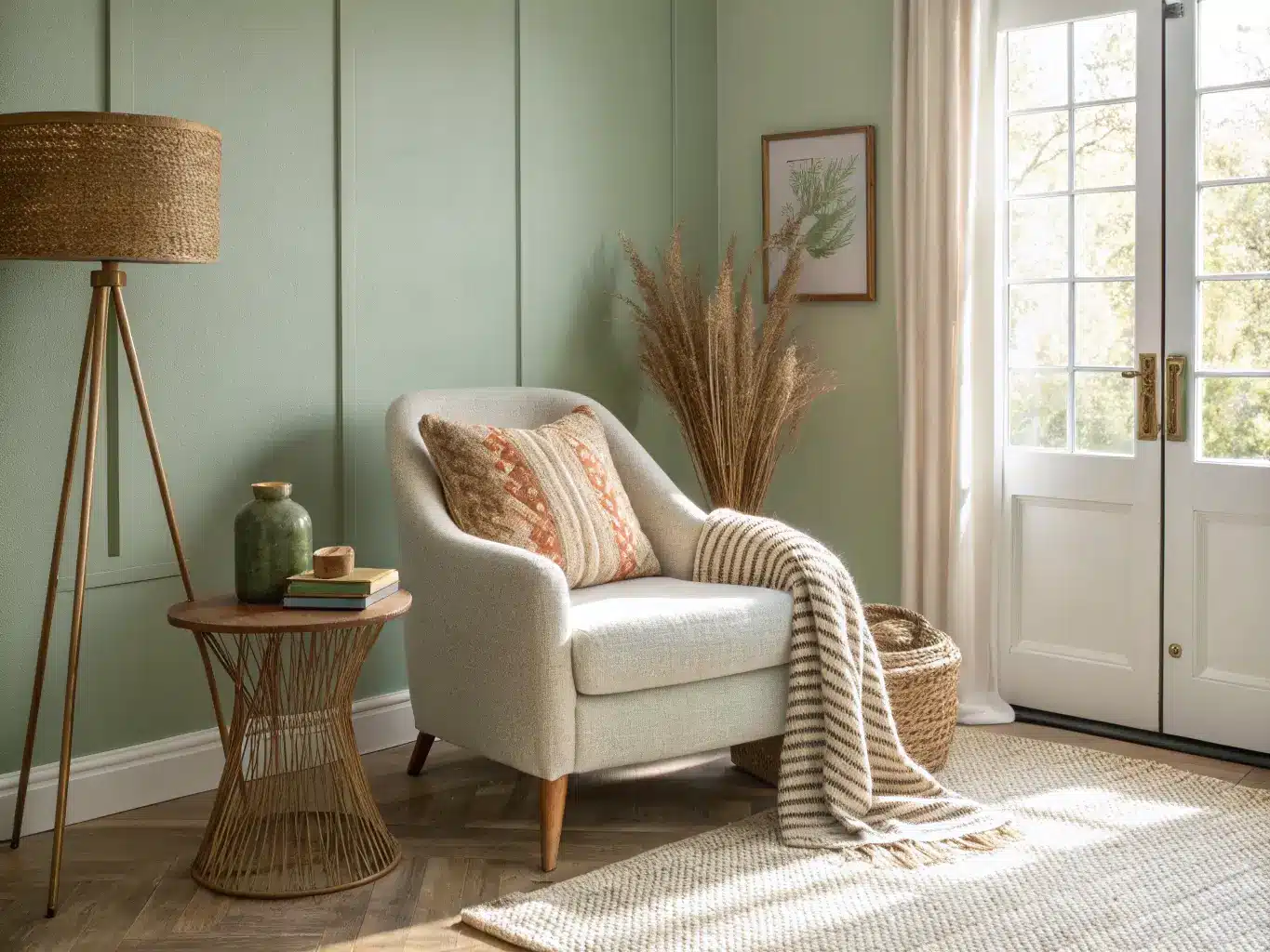 Minimalist boho reading nook with bouclé chair, jute rug, brass side table, and pampas vase in a sage-green living room with warm afternoon light.