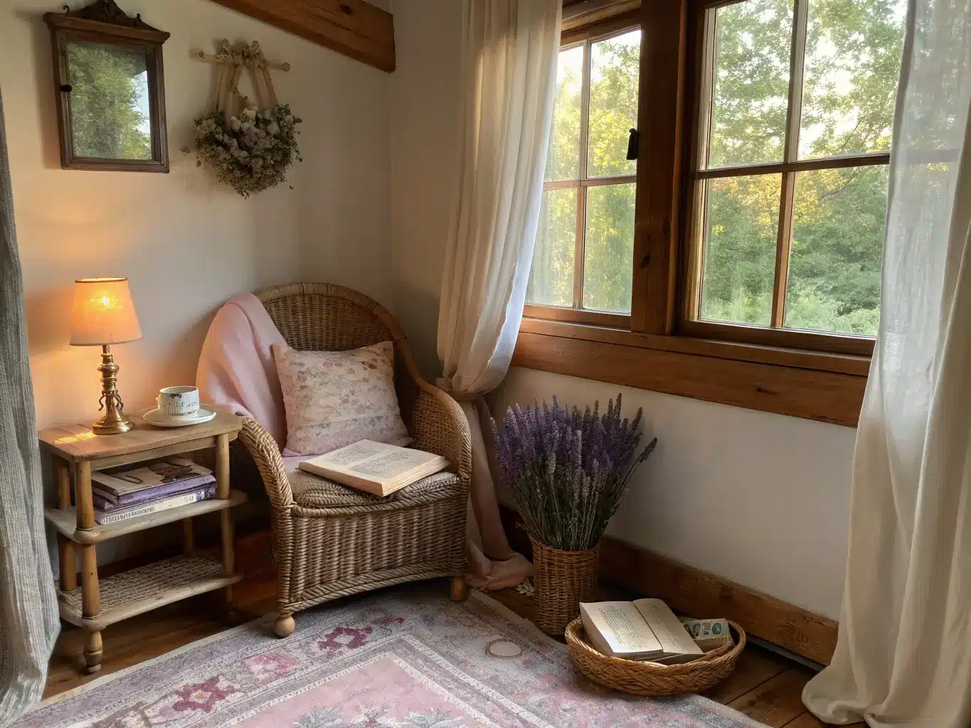 Cottagecore boho reading nook by a rustic window with dried lavender, wicker chair on a floral kilim rug, blush throw and linen pillow, side table with teacup and open book, and a warm brass lamp in soft afternoon light.