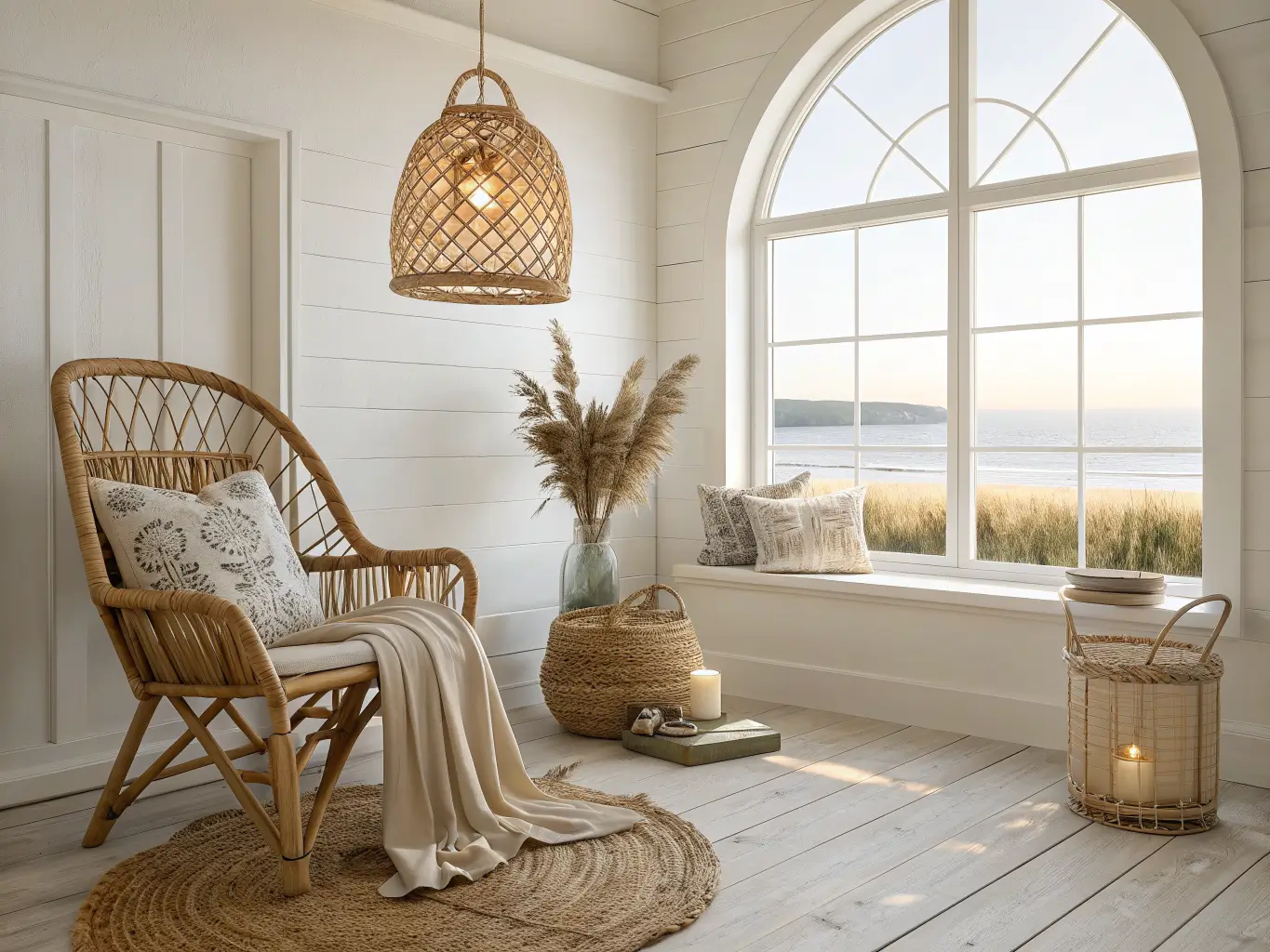Coastal boho nook by an arched window with a rattan chair on a pale jute rug, driftwood side table, layered linen textiles, and warm pendant light in soft daylight.