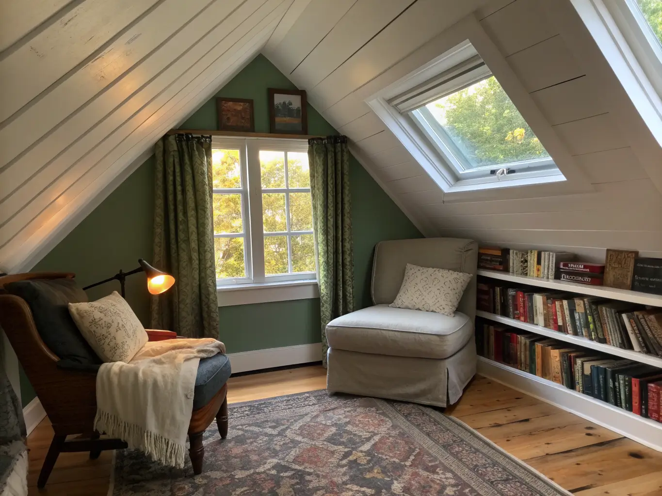 Photorealistic attic reading nook under a steep sloped roof with warm white rafters, late afternoon light through a dormer window onto oak floors, featuring a walnut club chair, cream ottoman, books, and a charcoal throw.