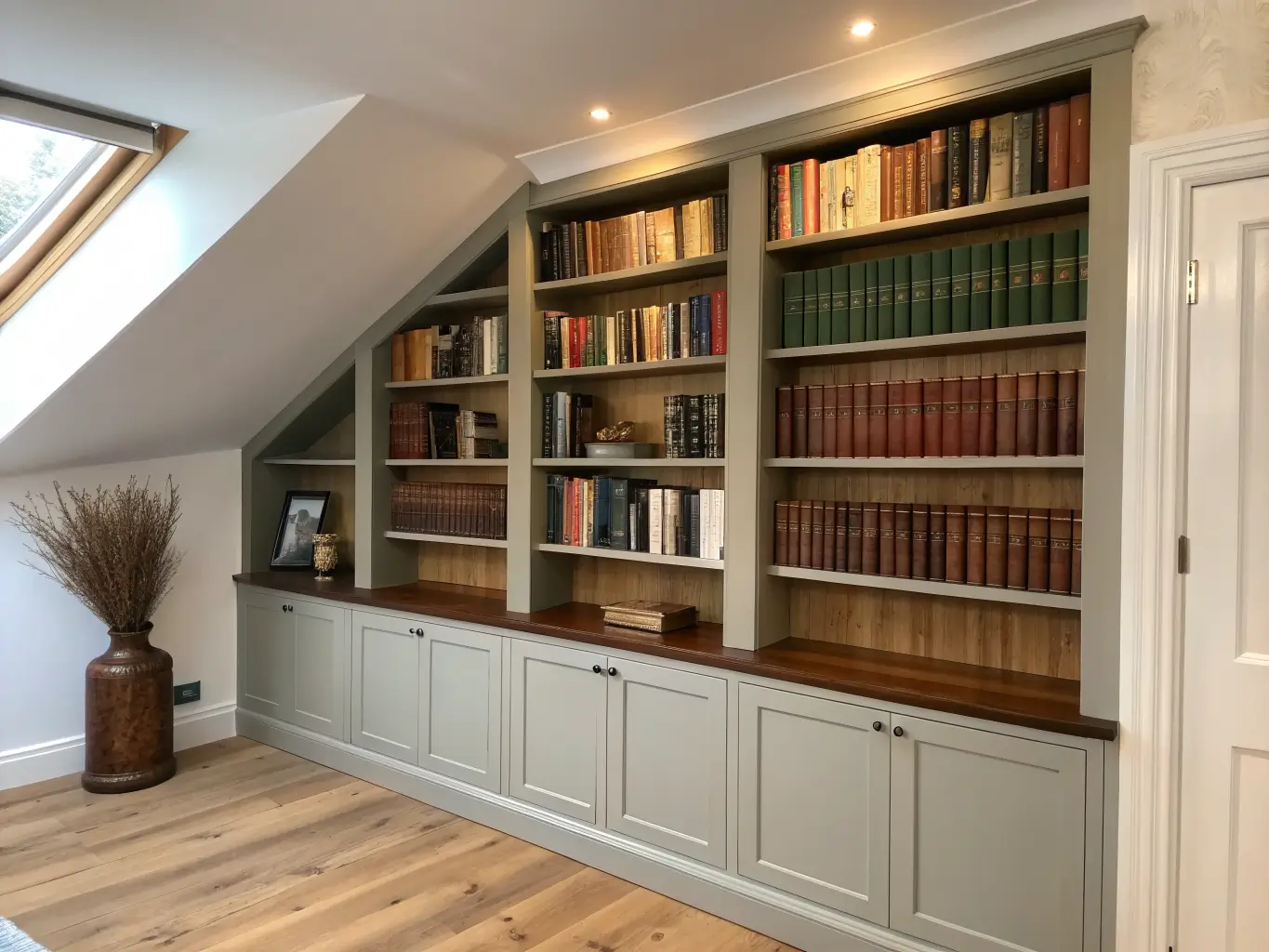 Photorealistic attic corner with greige built-in bookshelves following the sloped roofline, filled with warm-toned hardcover books, a low walnut bookcase with a vase of dried branches, and soft morning skylight on white shiplap.