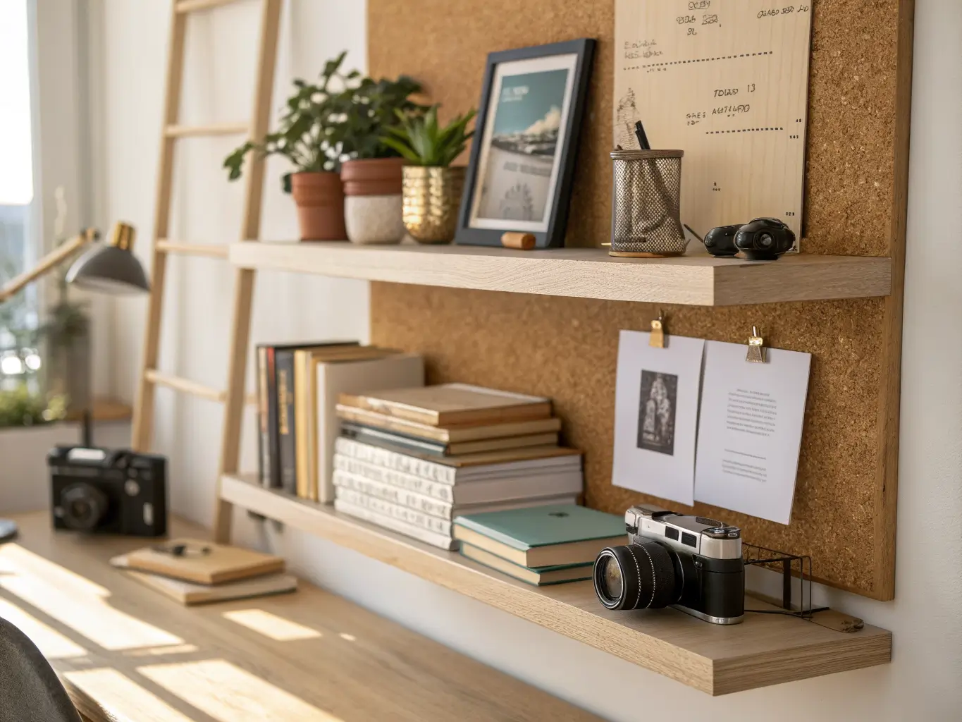 Close-up of a light oak floating shelf above a desk with neutral-toned stacked books, a trailing pothos, a leaning black-and-white framed print, and a corkboard note in warm afternoon light.
