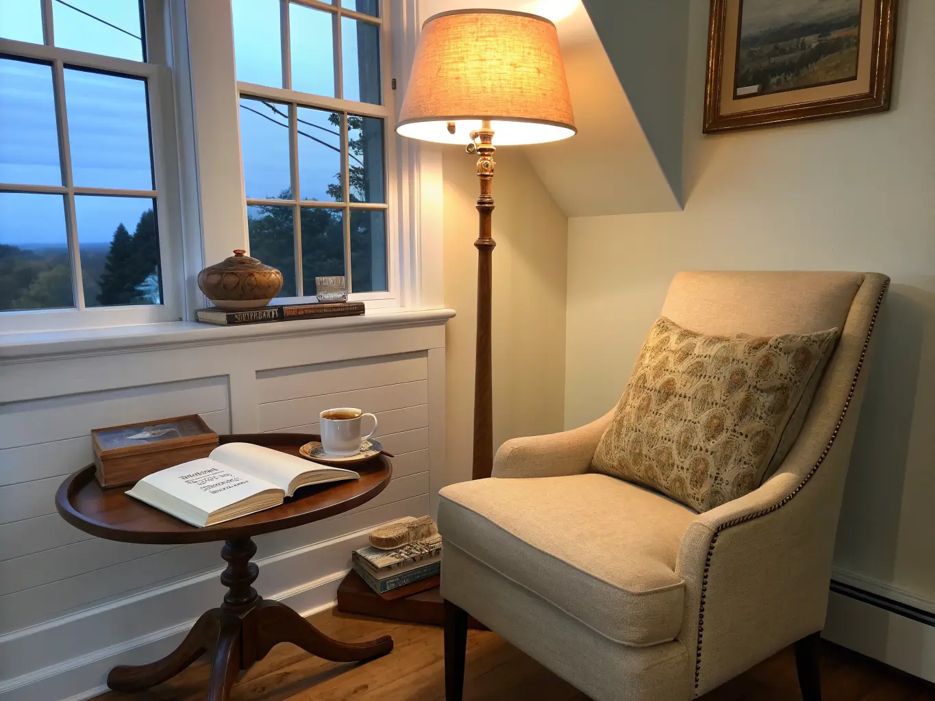 Close-up of an attic reading nook with a glowing floor lamp beside an oatmeal linen chair, walnut table with mug, glasses, and book, and a brass swing-arm sconce near a small dusk-lit window.