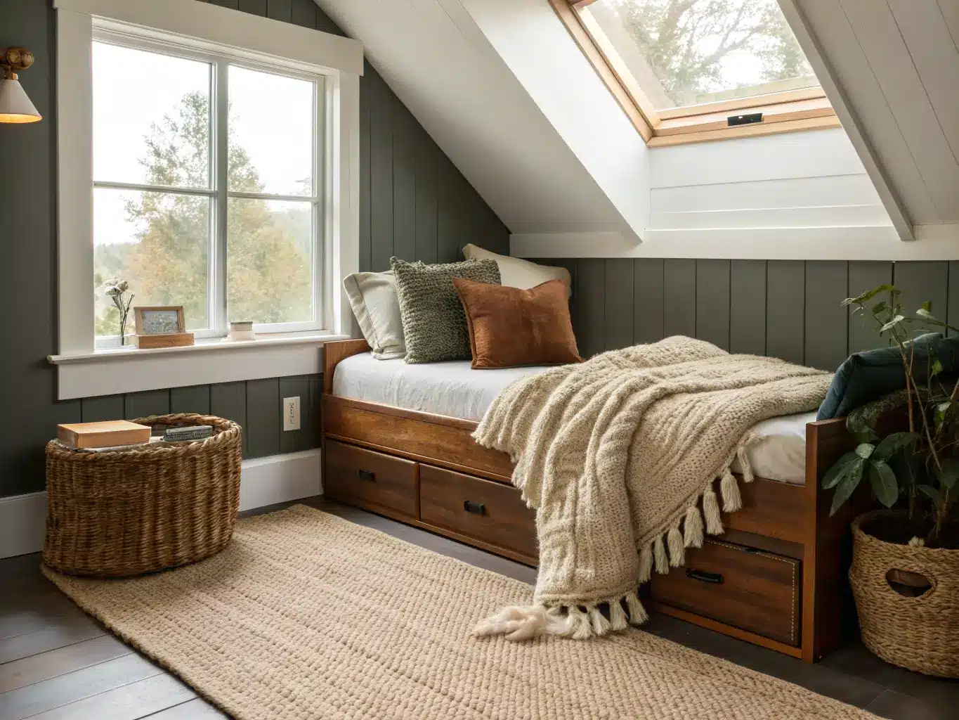 Overhead wide shot of a cozy attic reading nook with a daybed layered in chunky knit and velvet pillows on a jute rug, lit by soft dormer window light.