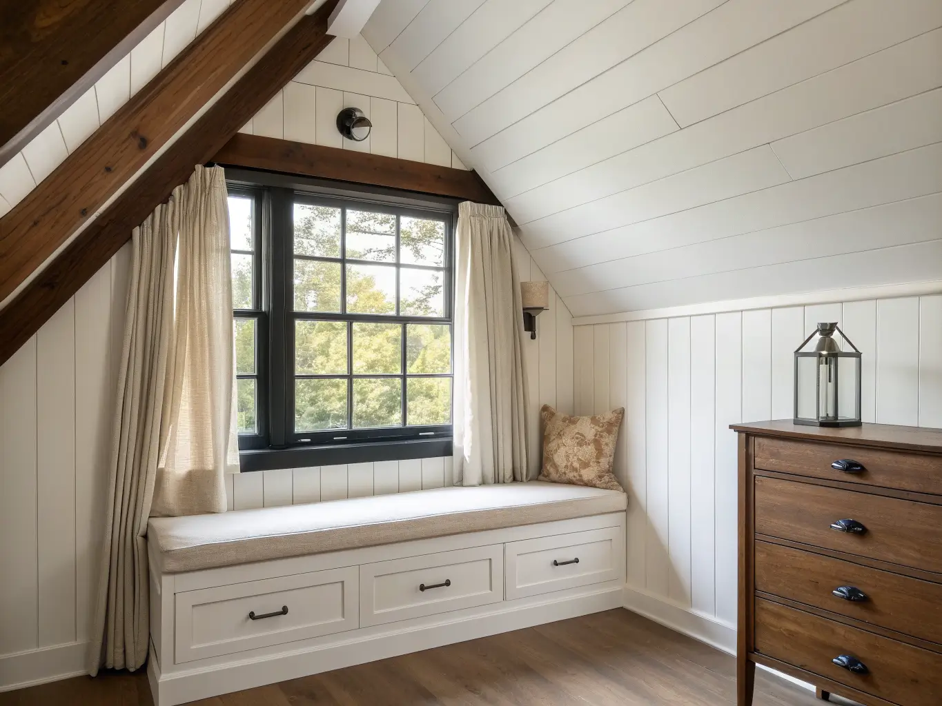 Low-angle architectural photo of an attic nook with white crown molding, greige shiplap knee wall, walnut ceiling beams, black-framed dormer window with tied linen curtain, and a built-in storage bench with cream cushion.