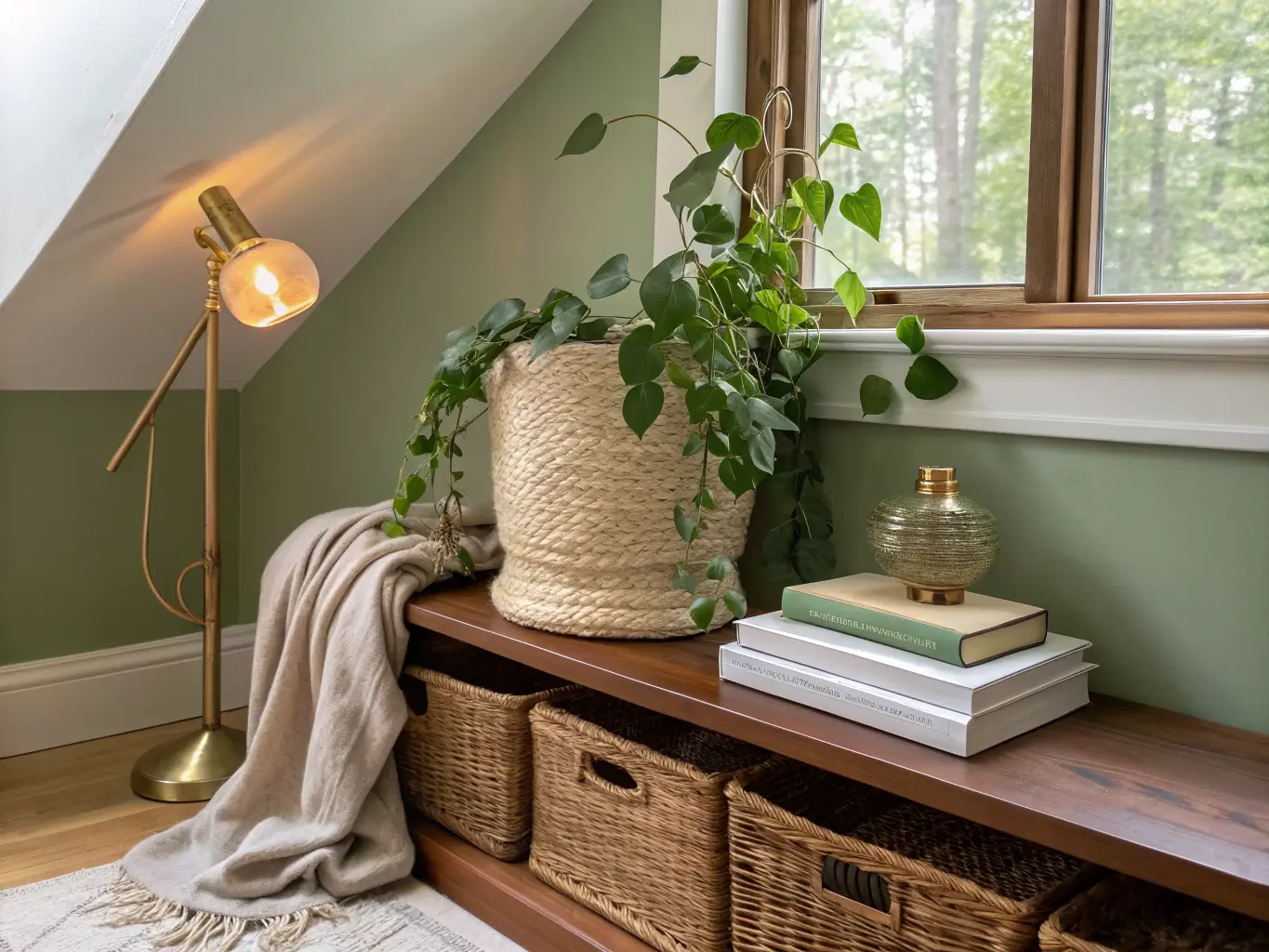 Photorealistic attic nook with pothos in a rattan basket on a walnut shelf beside linen books and a glowing brass lamp, eucalyptus in a stoneware vase, sage walls, and warm afternoon light.