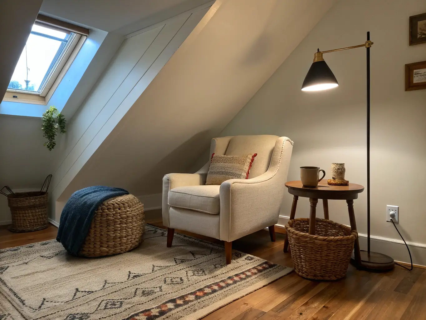 Photorealistic attic reading nook with sloped ceiling, cream bouclé chair, walnut side table with mug and brass lamp, pendant light, and cool evening window light creating a cozy moody contrast.