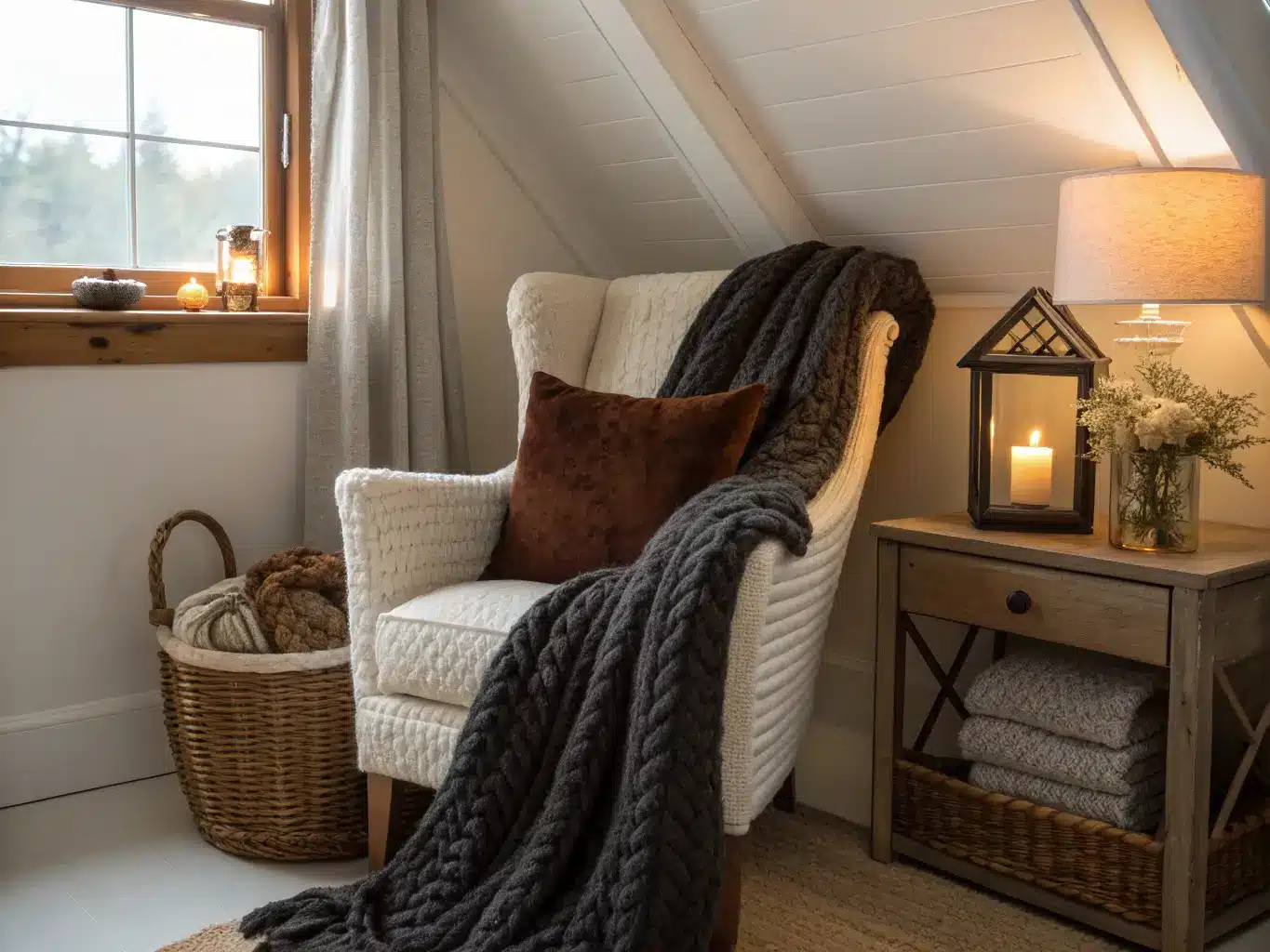 Cozy winter attic nook with a cream bouclé chair draped in a charcoal knit throw, walnut velvet pillow, brass lantern lamp on a wood shelf, frosty dormer window with grey daylight through linen curtains, and a basket of wool blankets.
