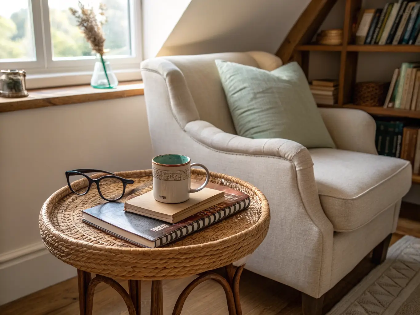 Close-up of an attic reading nook with a round side table holding a rattan tray, mug, reading glasses, and bud vase beside a cream linen armchair, with a blurred walnut bookshelf in warm afternoon light.