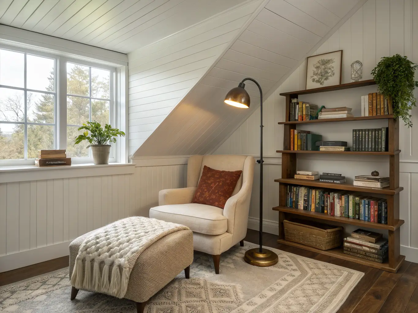 Wide shot of a cozy finished attic reading nook with a walnut-and-cream chair and ottoman, built-in sloped bookshelf, warm brass floor lamp, wool rug, ZZ plant, greige shiplap knee wall, and dormer window with linen curtains in golden light.