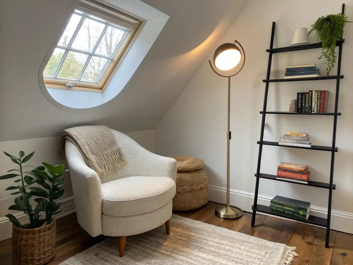 Photorealistic narrow attic office nook with sloped ceiling and round window, bouclé chair by ladder bookshelf and snake plant, brass floor lamp lighting an open book on honey wood floors.