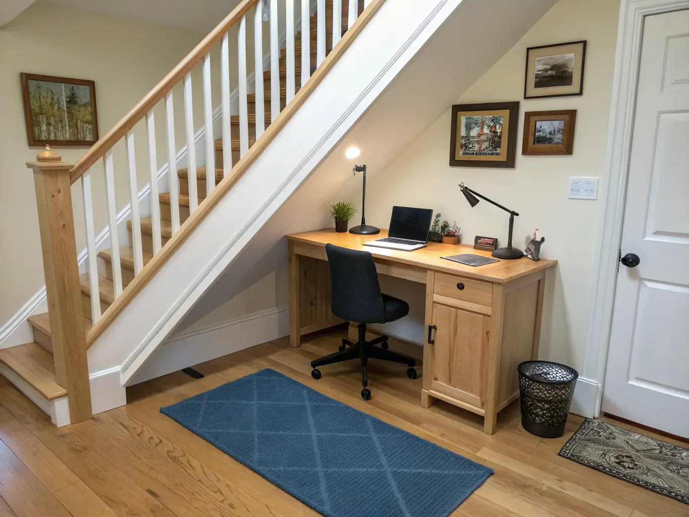 Wide under-stair study nook with light oak built-in desk, black-legged chair, ink-blue mat, warm LED strip and brass task lamp on cream walls and oak floor.