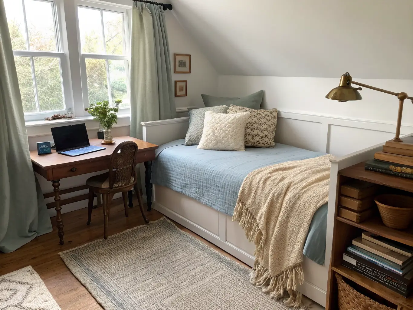 Wide shot of a spare-bedroom office with a dusty blue daybed under a dormer window, jute rug, blackened oak side table with brass lamp, and an out-of-focus desk behind a walnut bookshelf.