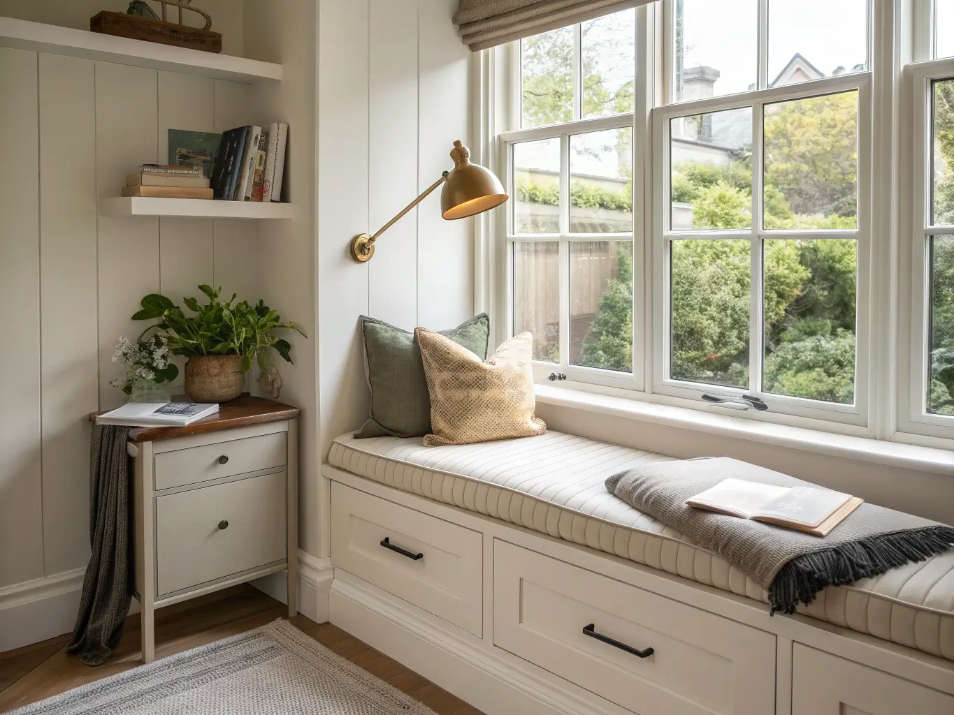 Sunlit home office window seat nook with cream cushions, charcoal piping, storage drawers, sage and taupe pillows, brass reading lamp, pothos on sill, and blurred greenery outside.