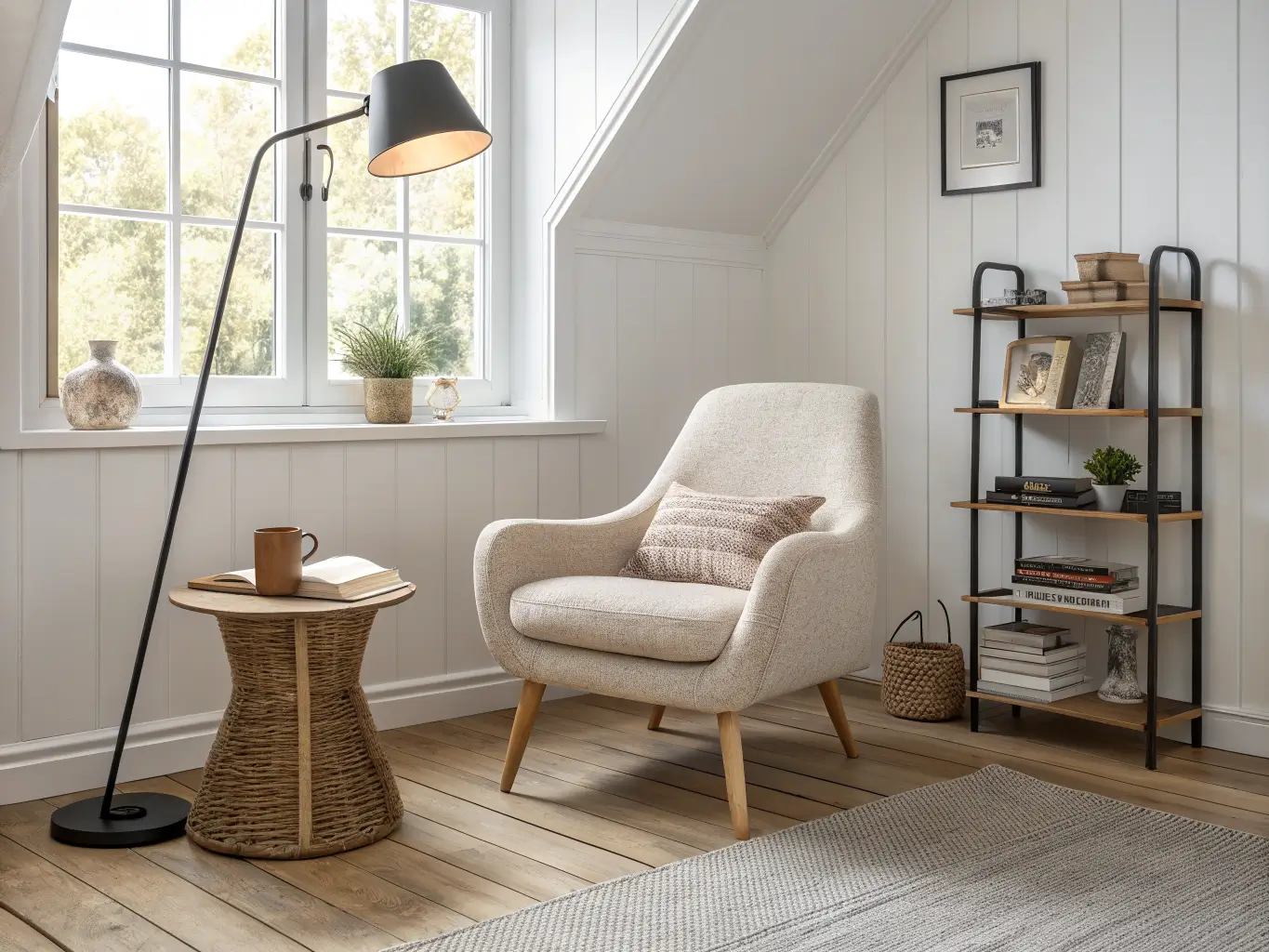 Scandinavian reading corner with a pale bouclé armchair, round wood side table with mug and open book, black floor lamp, neutral rug, and floating oak shelf by a bright window.