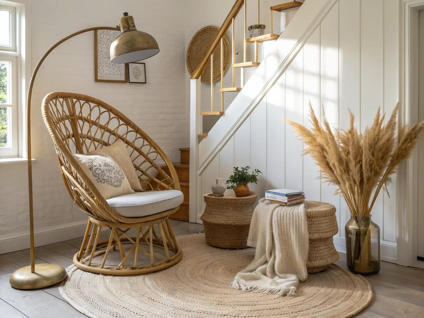 Boho reading nook under staircase with rattan peacock chair, jute rug, brass floor lamp, pampas grass, and warm sunlight on whitewashed brick walls.