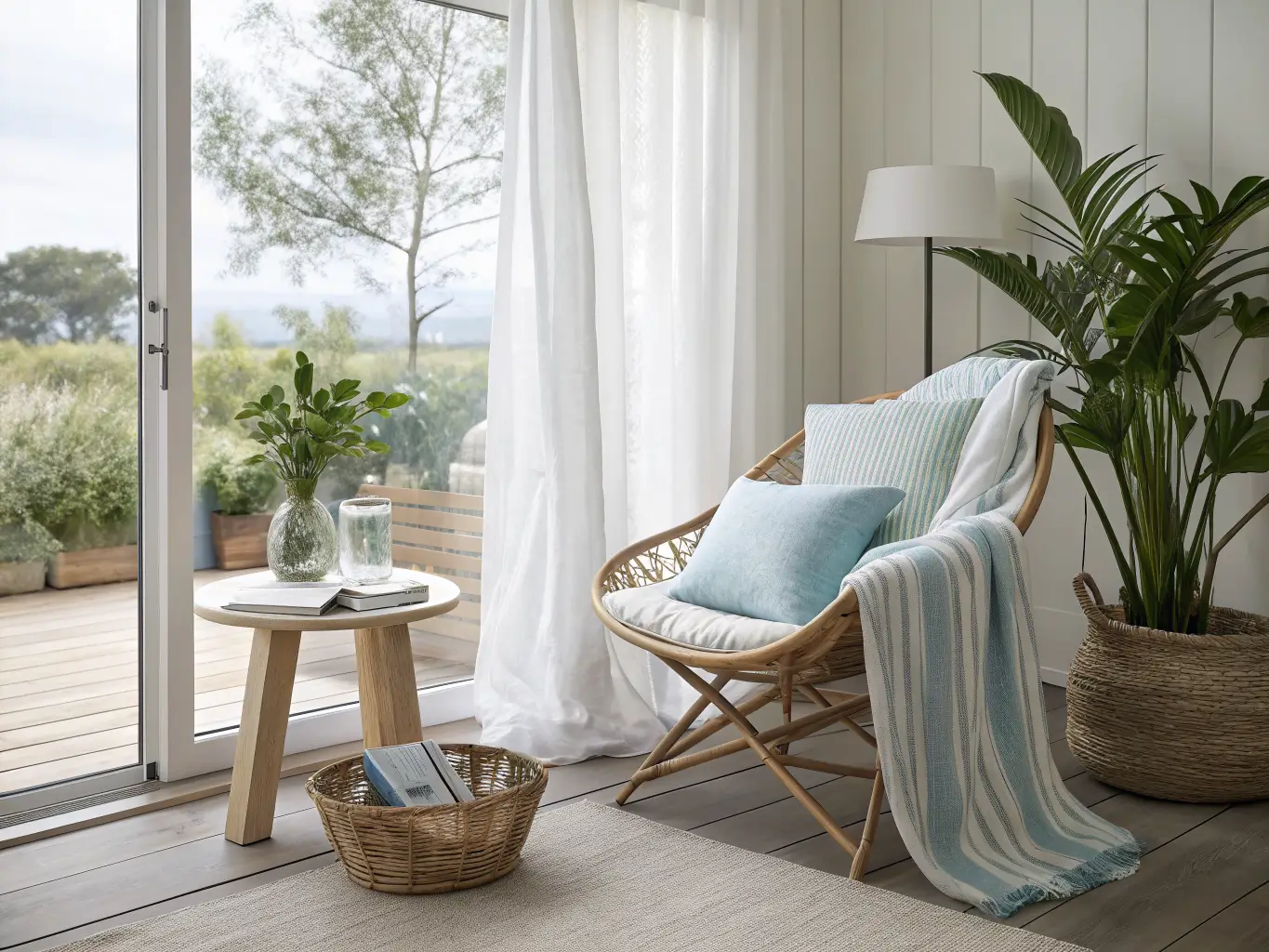 Coastal home office nook by a sliding glass door with a white oak lounge chair, pale blue cushions, driftwood side table, sheer curtain, woven basket, and potted olive tree in bright natural light.