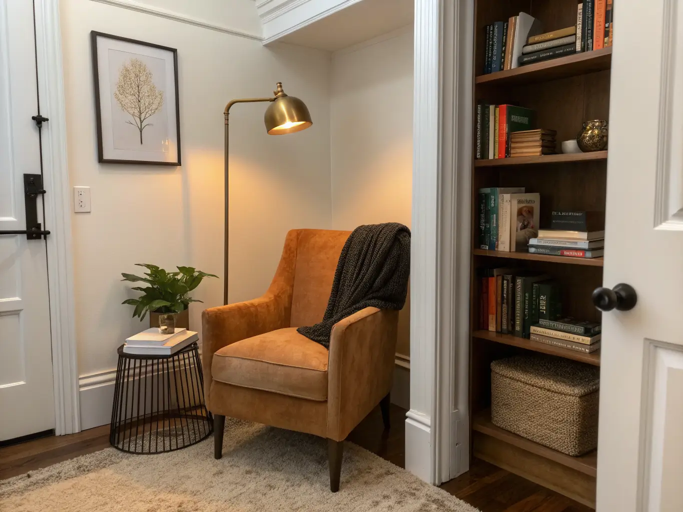 Photorealistic closet reading nook with a taupe bouclé chair, wall shelf of books and pothos, warm brass sconce lighting, and a cream round rug.