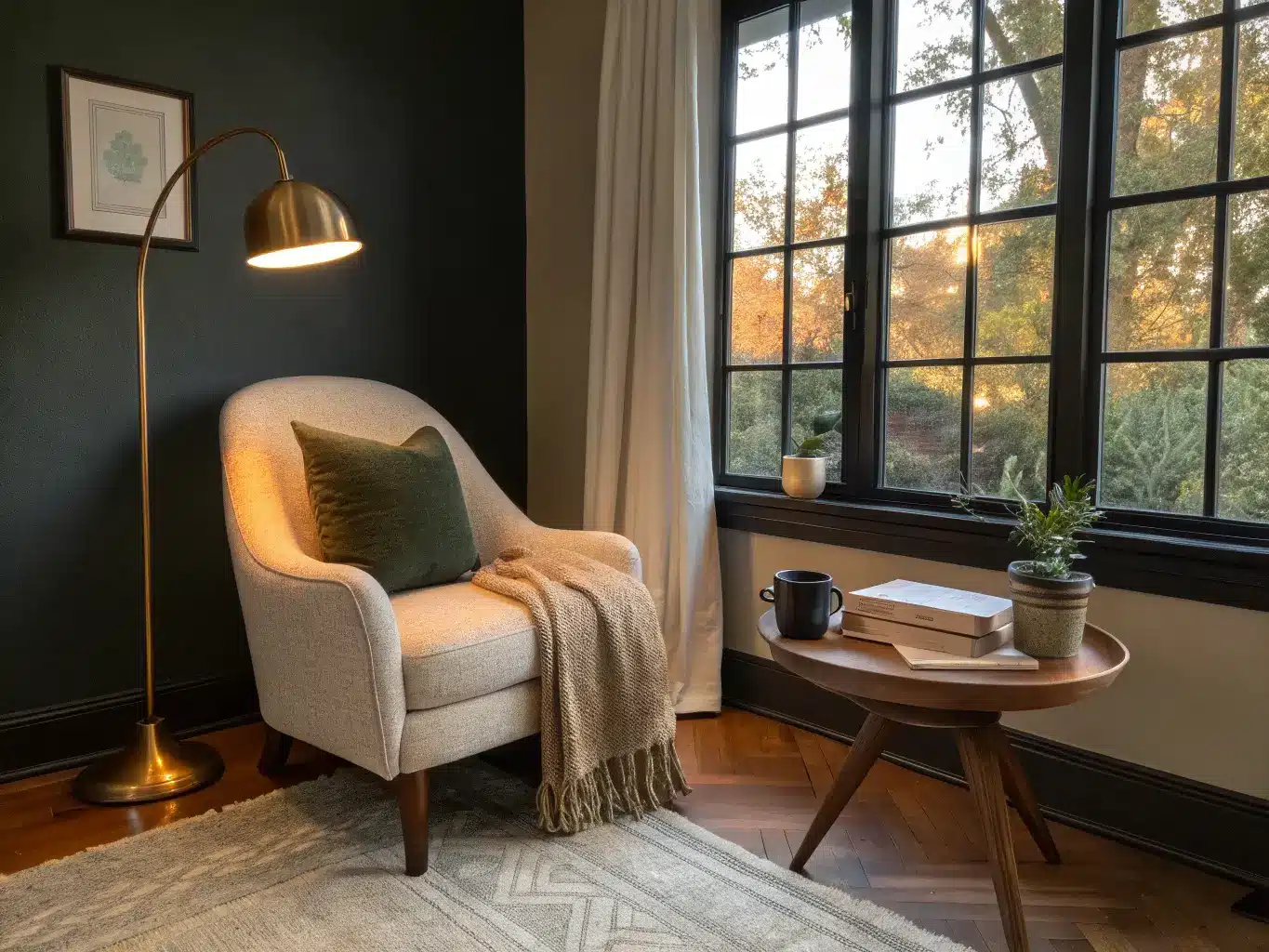 Cozy golden-hour bedroom reading nook with a boucle armchair by a large window, brass floor lamp, side table with mug and open book, and olive throw on a jute rug.