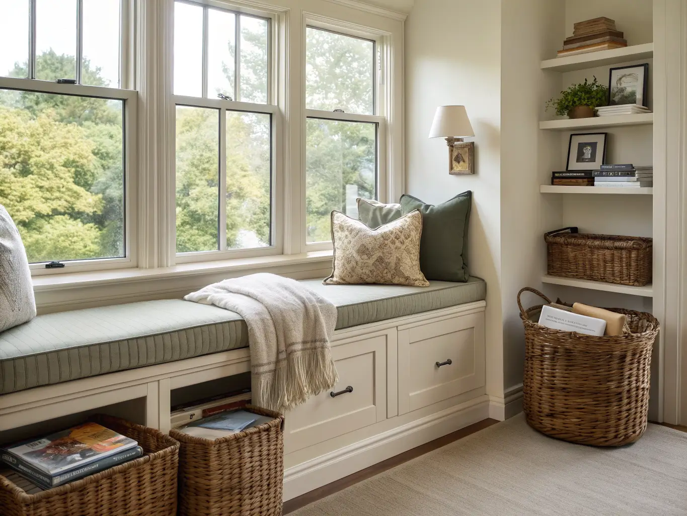 Photorealistic living room bay window reading nook with oatmeal linen bench, olive and cream pillows, brass sconce, baskets below, and books and plant on oak ledge in soft overcast light.