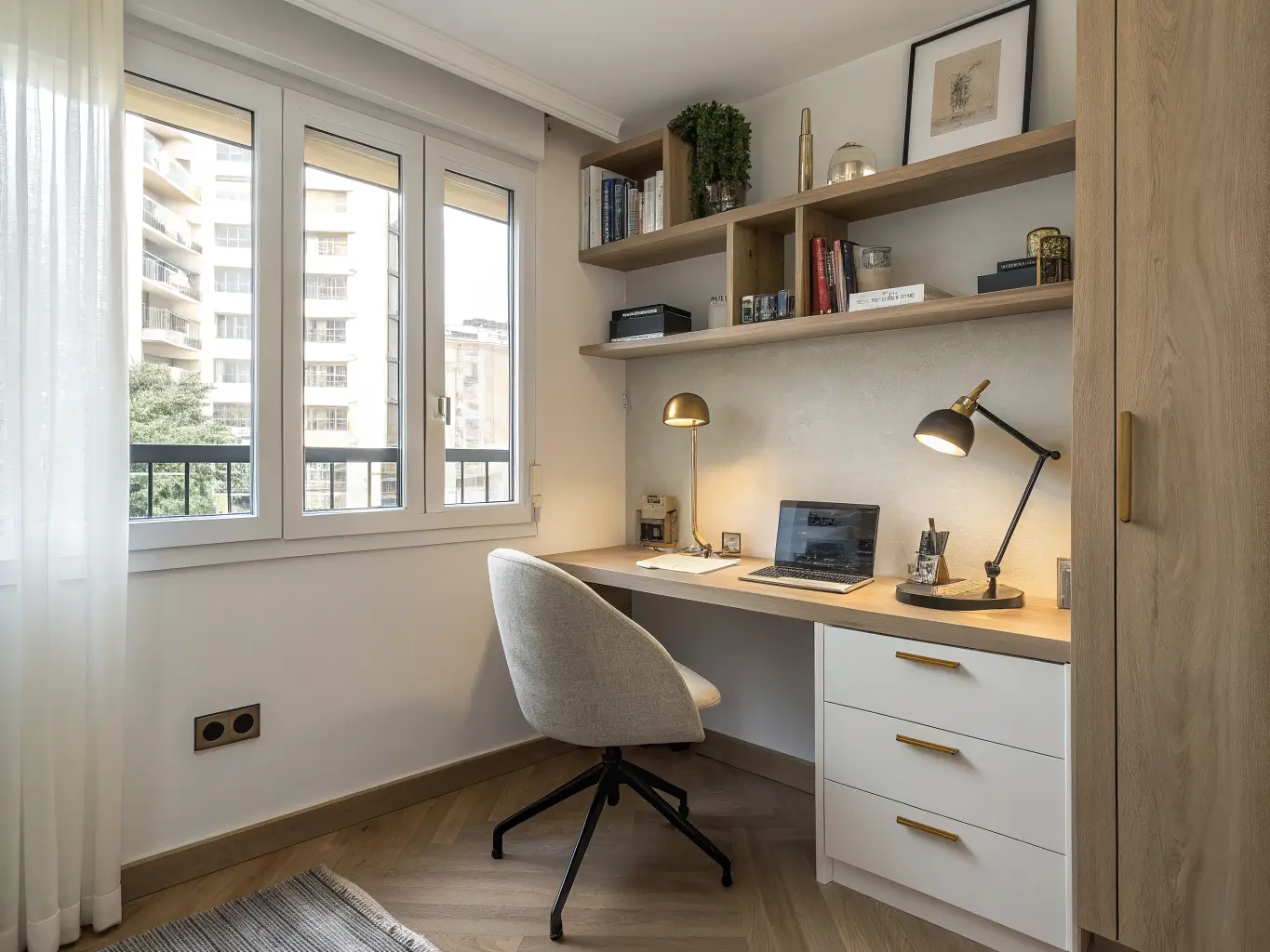 Photorealistic bedroom corner home office with fold-down oak wall desk, cream ergonomic chair, wood slat accent wall, layered warm lighting at dusk, and a hint of a reading chair with an ink-blue pillow.