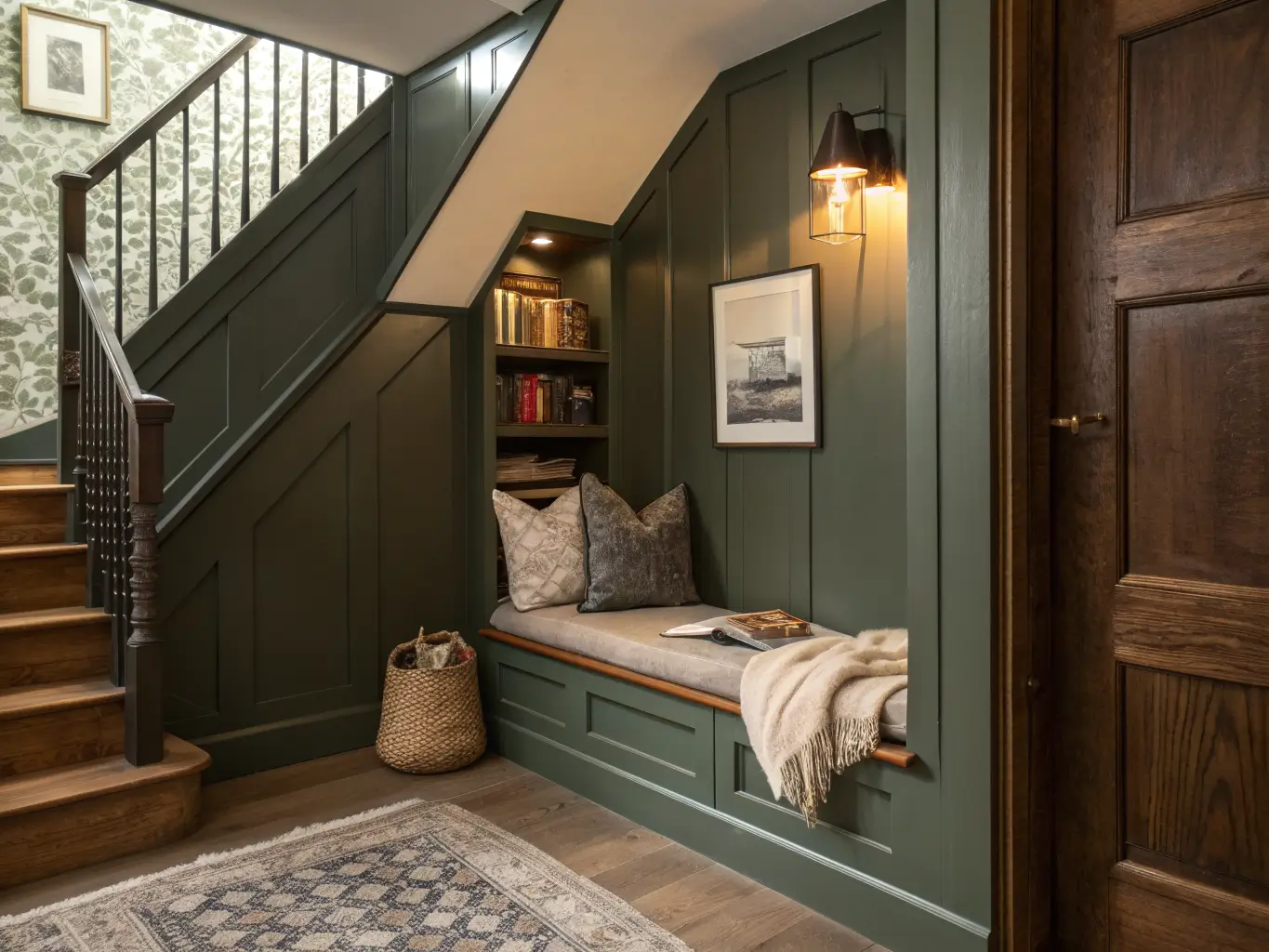 Cozy under-stair reading nook with olive recessed walls, built-in oak bench with oatmeal boucle cushion, brass lamp, shelf with books and ceramic vase, charcoal throw, olive pillow, and small cream vintage rug in warm late-afternoon light.