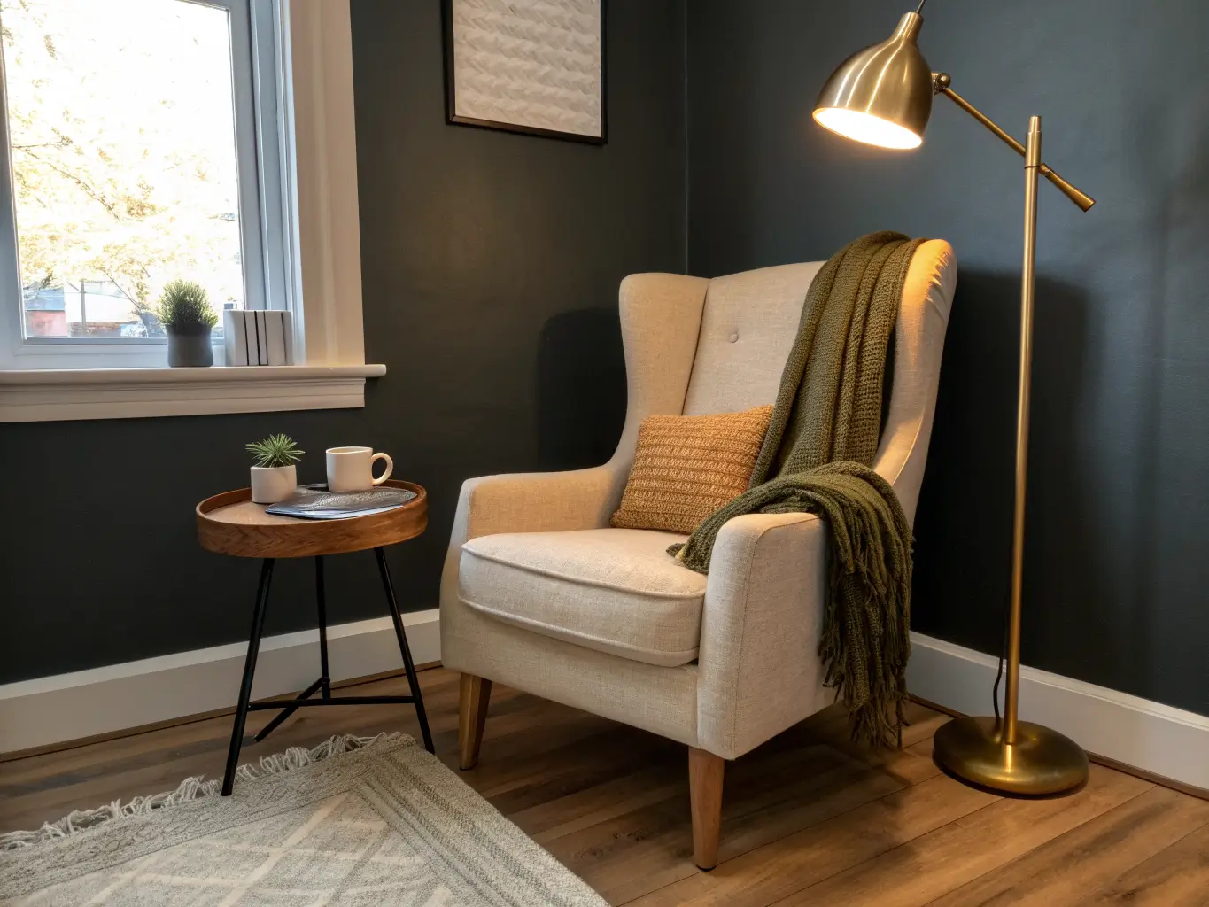 Cozy apartment reading nook with a charcoal accent wall, oatmeal wingback chair, brass floor lamp, oak side table with mug and candle, olive wool throw, and jute rug in warm golden-hour light.