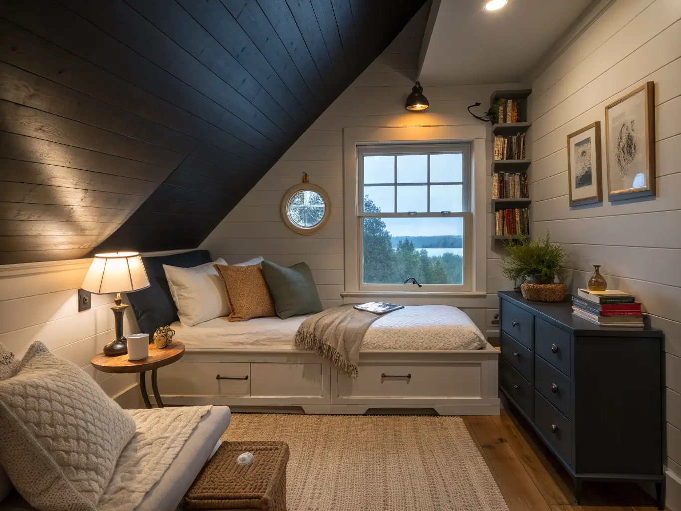 Dormer window attic reading nook with linen daybed, chunky knit throw, olive pillows, brass sconce over an open book, oak crate side table with mug and books, and a muted cream wool rug in soft dusk light.