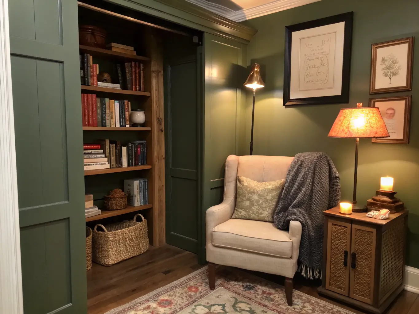 Straight-on view of a cozy closet-turned reading nook with deep olive walls, oak shelves of books, an oatmeal boucle chair, brass sconce lighting a charcoal blanket, and a small side table with a candle and reading glasses.