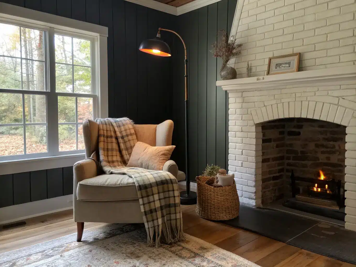 Farmhouse reading nook by a brick fireplace with a plaid wingback chair, knit throw, arched floor lamp, and oak stool side table in warm morning light.