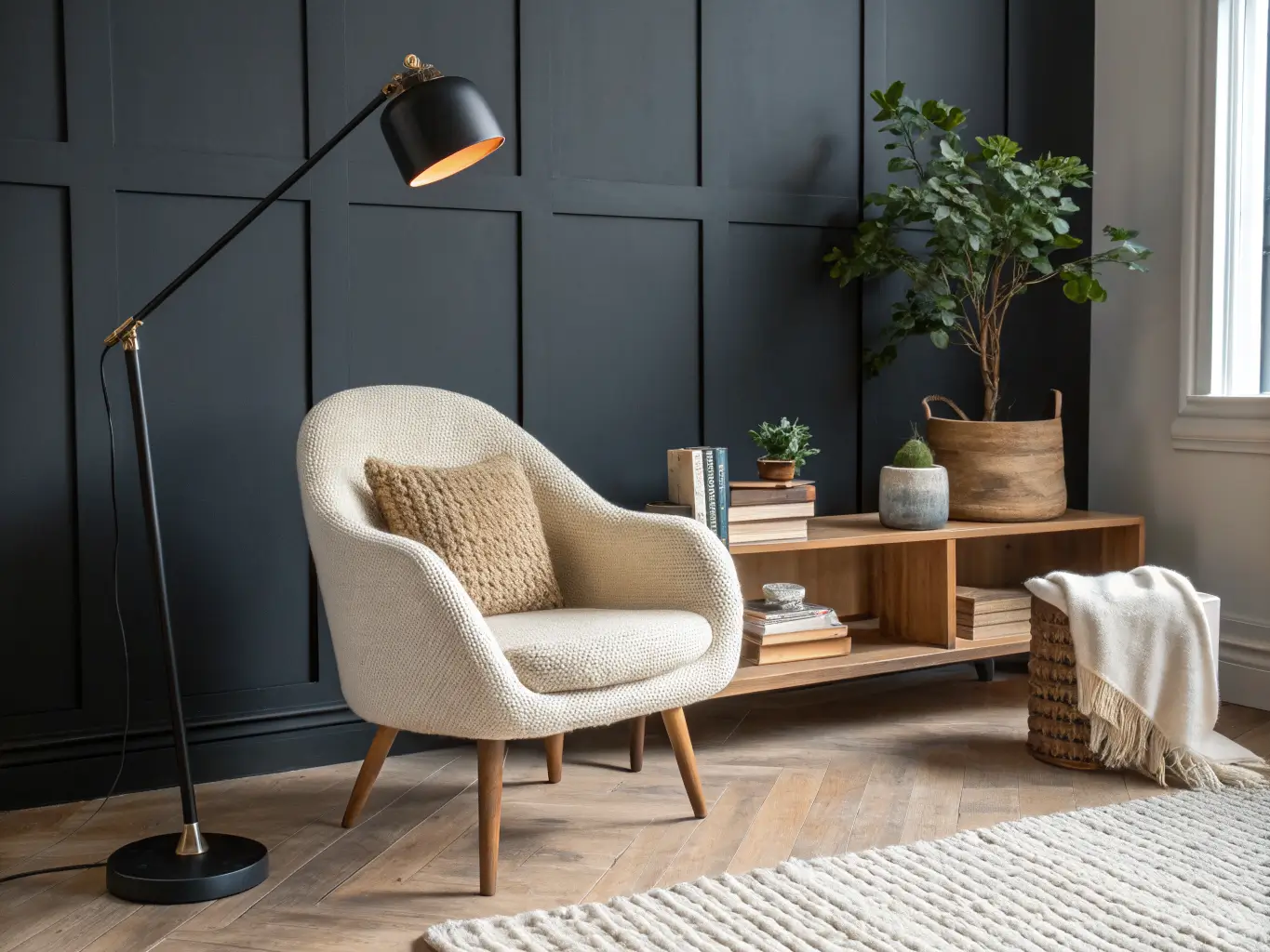 Modern minimalist reading nook with oatmeal bouclé chair, black floor lamp, oak console with books and plant, on a jute rug against a charcoal accent wall.