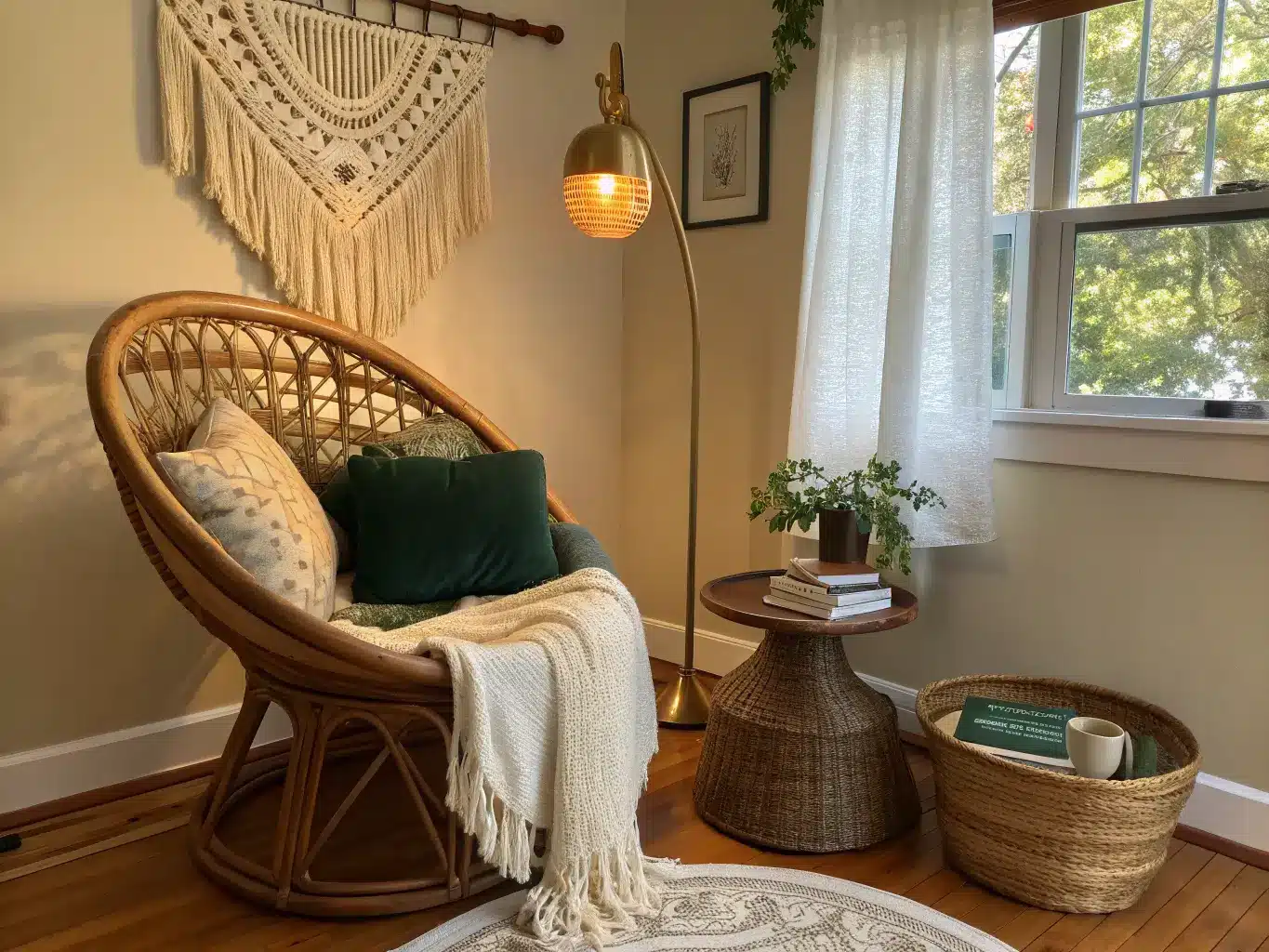 Boho reading nook with a rattan peacock chair, olive cushion, brass floor lamp, oak side table with books and mug, and layered jute and kilim rugs in warm golden sunlight.