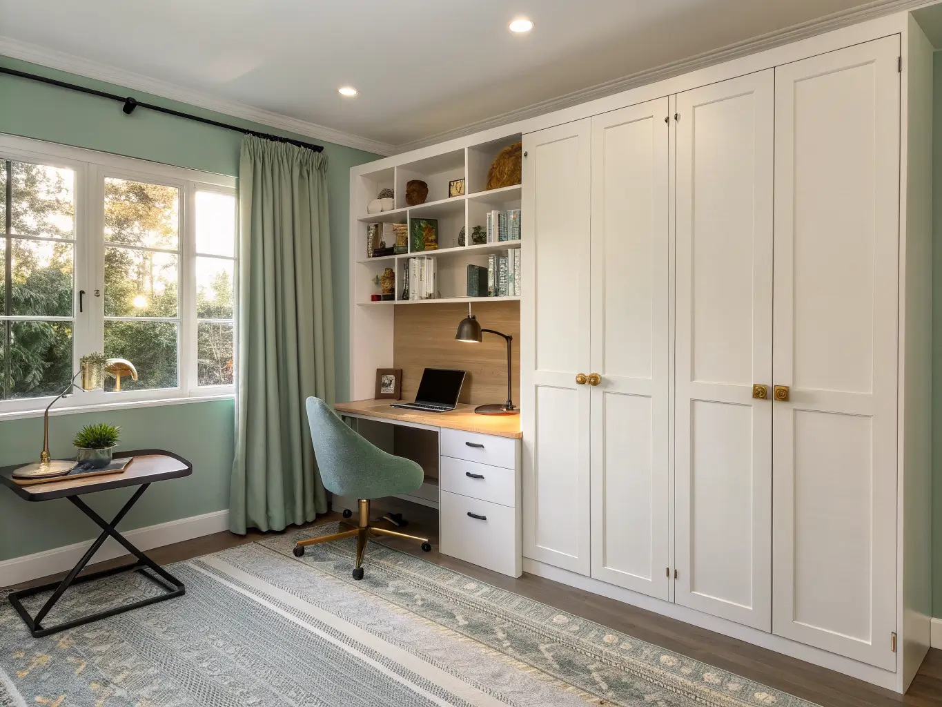 Warm-white Murphy bed wall system in a small home office with fold-down desk, oak shelves, and sunlight through a sheer window.