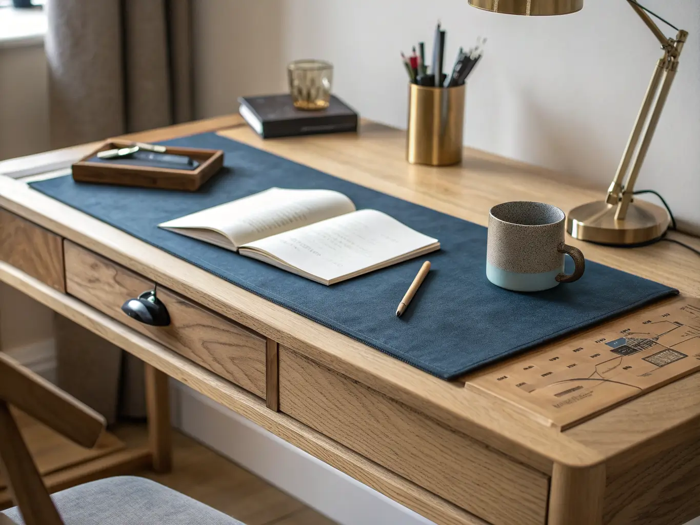 Minimalist study desk close-up with ink-blue mat, brass pen cup, ceramic paperclip tray, cream notebook, and warm lamp light on oak wood grain.