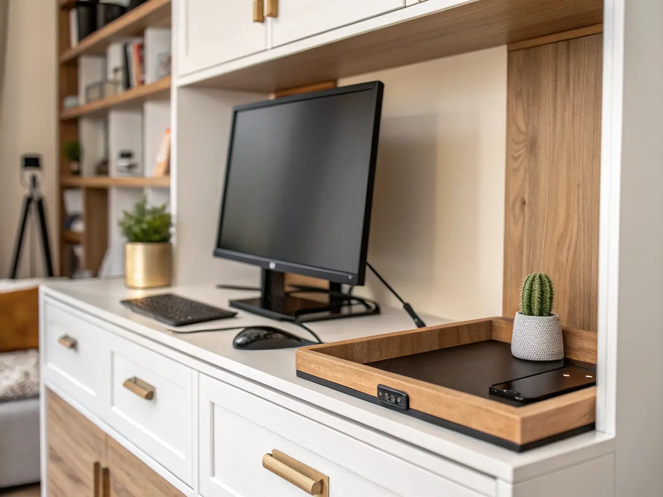 Close-up of an 18-inch deep Murphy bed desk with monitor arm, succulent, and leather tray, set against warm white cabinetry in morning light.