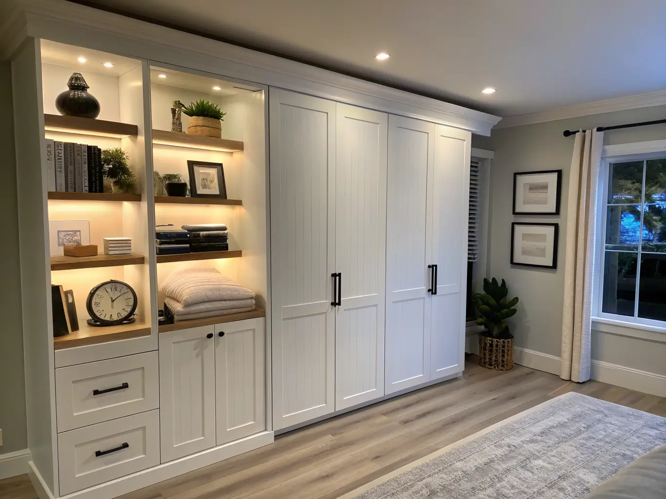 Floor-to-ceiling Murphy bed wall with warm white cabinets, black hardware, pale oak shelves displaying towels, clock, abstract print, and trailing plant, softly lit by LED strips in dusk light above a light oak floor.