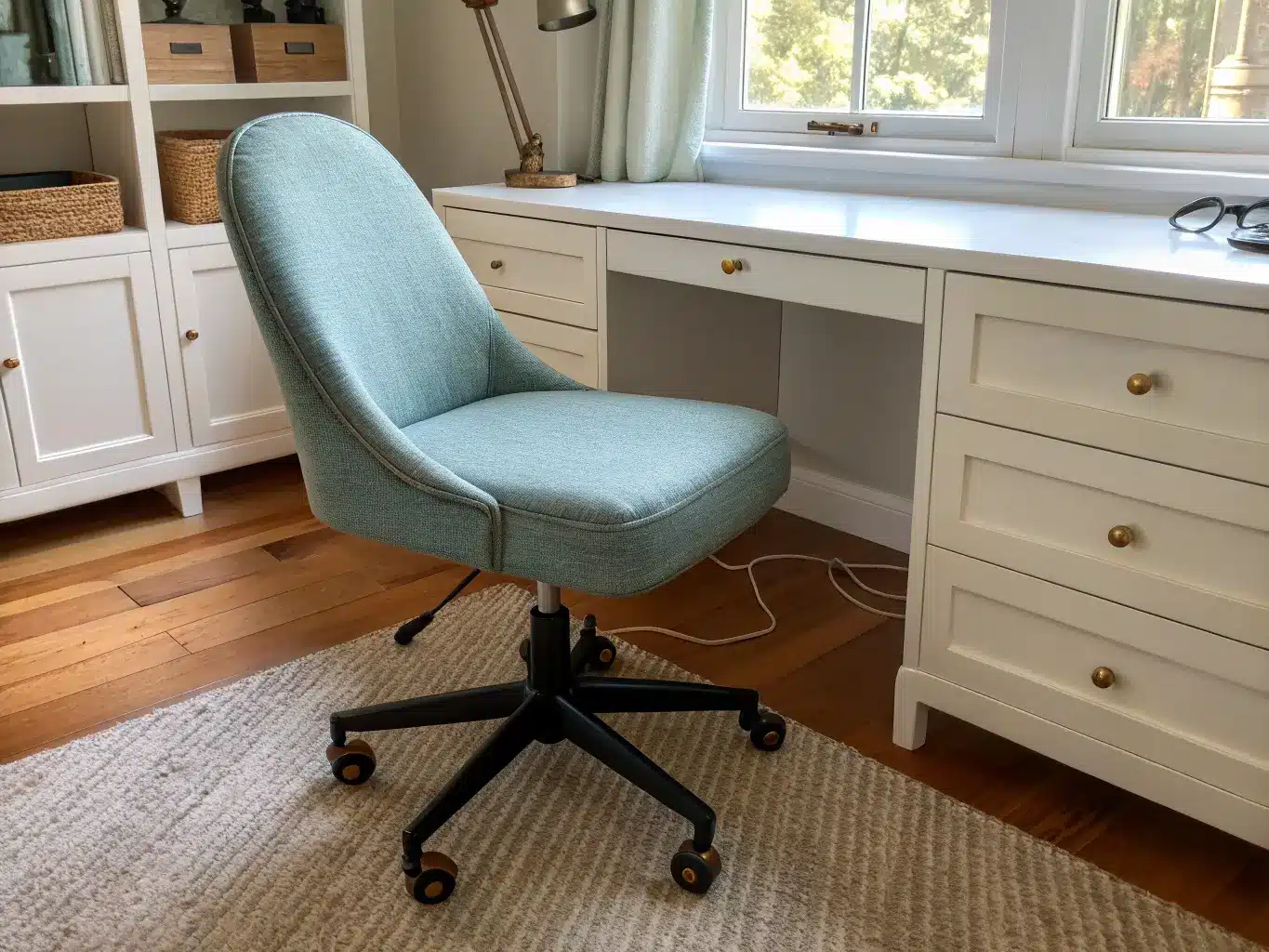 Side-angle view of a compact blue-green office chair tucked under a warm white desk on a jute rug, with Murphy bed cabinetry behind and golden hour light casting soft shadows.