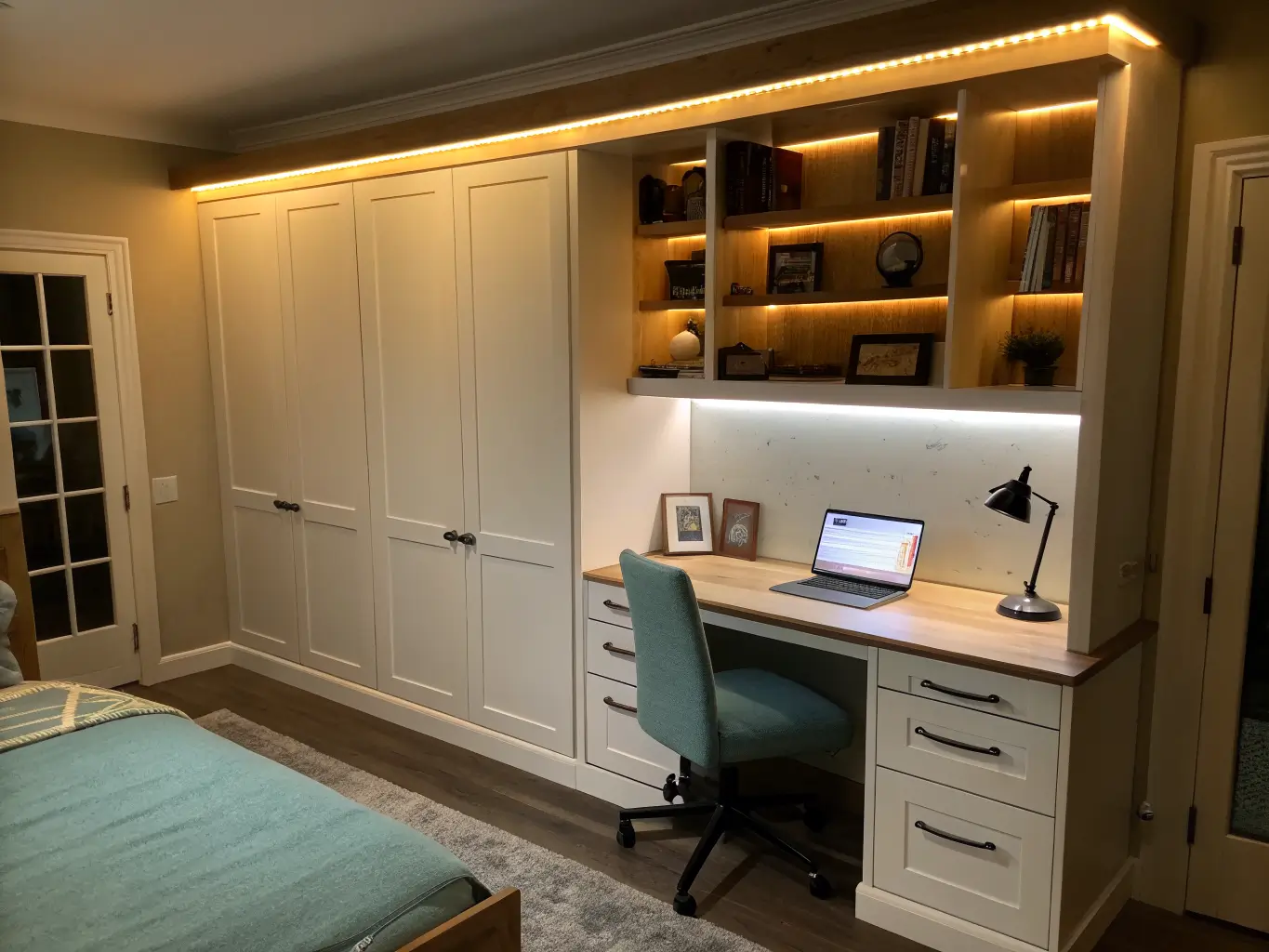 Nighttime home office with Murphy bed folded up, warm LED strip lights under cabinets, desk lamp lighting a laptop, and a blue-green cushioned chair in a moody diagonal view.
