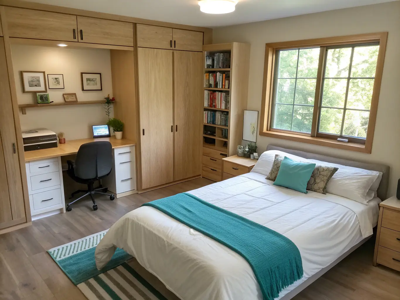 Overhead wide-angle view of a flex room with a lowered Murphy bed, folded desk and chair, small closed-door bookcase, light oak floors, pale greige walls, warm white cabinetry, and soft daylight through sheer-curtained window.