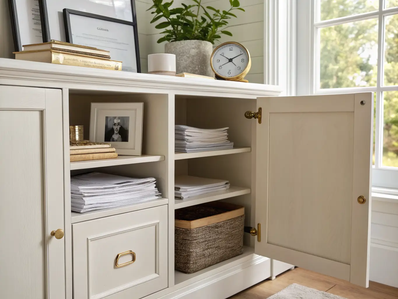Upper cabinet doors slightly ajar showing stacked printer paper and file folders, with brass pulls lit by soft window light and a pale oak shelf holding a small clock, linen napkins, a trailing plant, and a framed black-and-white print.