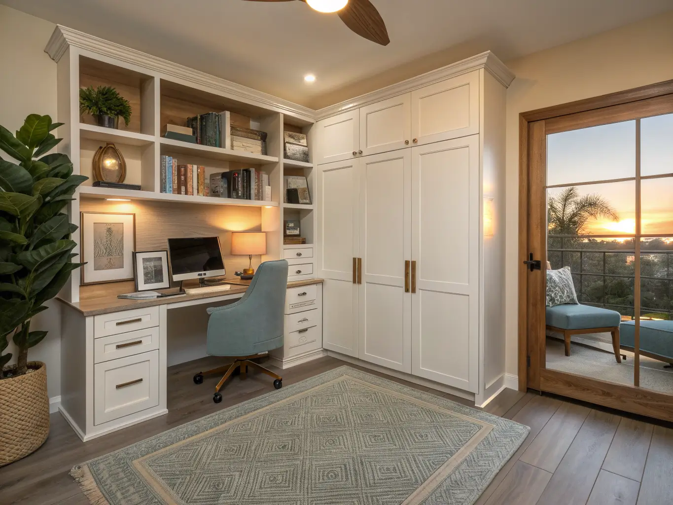 Wide golden-hour shot of a styled home office with closed Murphy bed, warm white cabinetry, pale oak shelves, brass hardware, blue-green chair cushion, jute rug, fiddle-leaf fig, and LED under-cabinet lighting lit by a large right-side window.