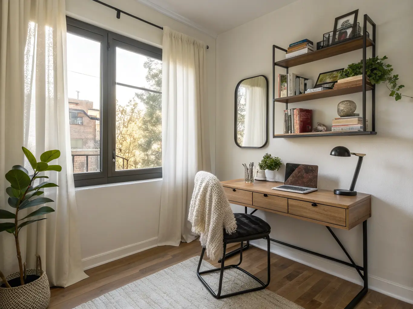 Photorealistic small bedroom study nook with an oak wall-mounted desk under a tall window with sheer cream curtains, a slim black metal chair with a chunky knit throw, floating shelves with books and a pothos, and an angled mirror reflecting bright midday light.