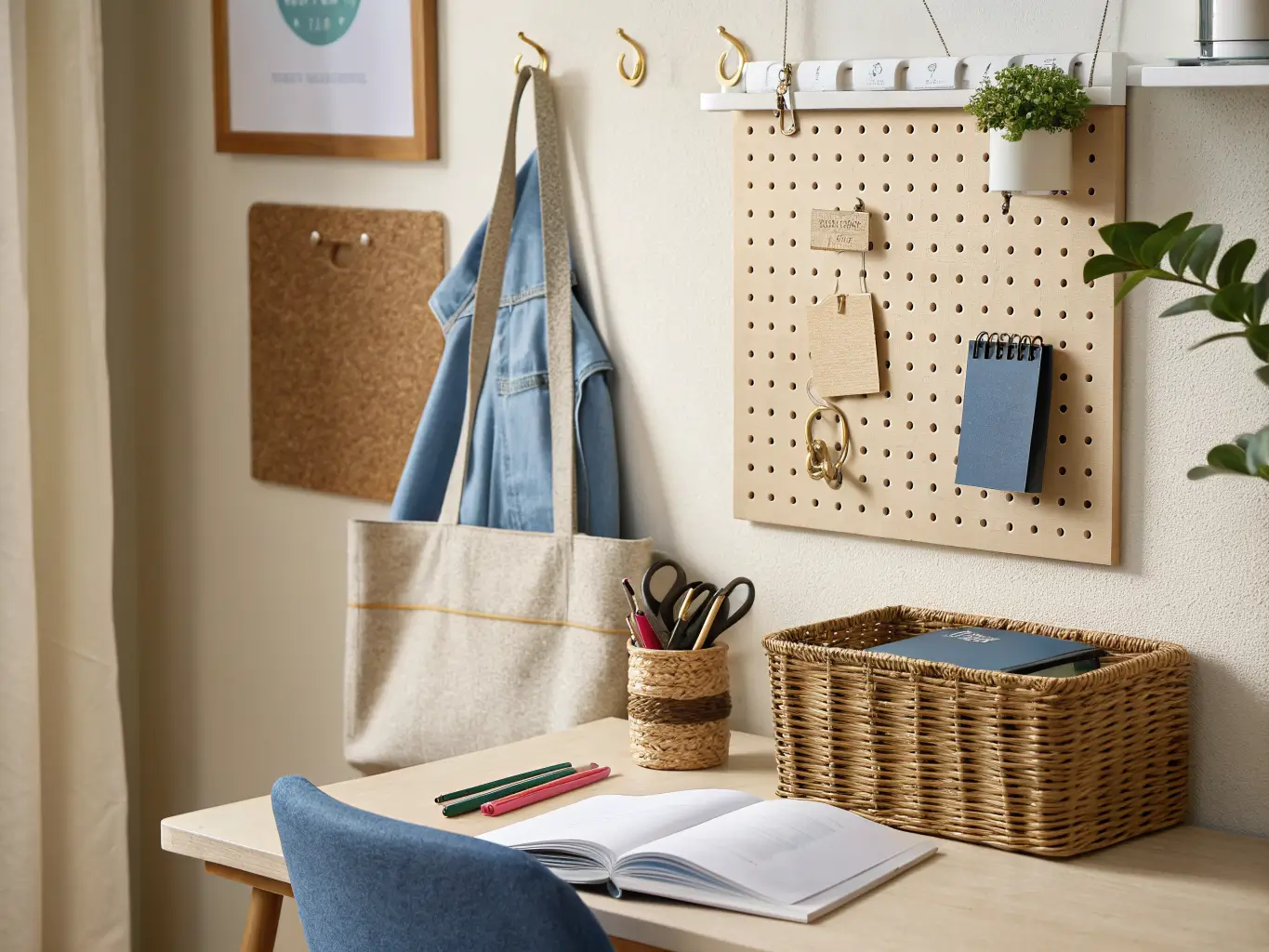 Close-up of a compact study space with a light oak pegboard, brass hooks holding a tote bag, a narrow floating shelf, and a woven basket under the desk, lit by warm late-day light.