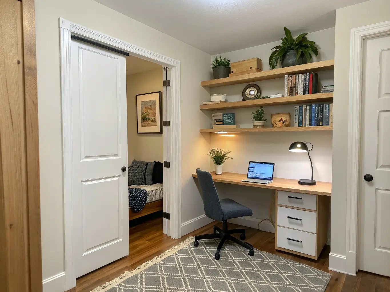 Photorealistic small study nook in a converted 6x6 closet with cream walls, oak desk, shelves with books and pothos, ink-blue desk mat, warm LED and brass lamp lighting, and an oatmeal rug, viewed symmetrically from the doorway.